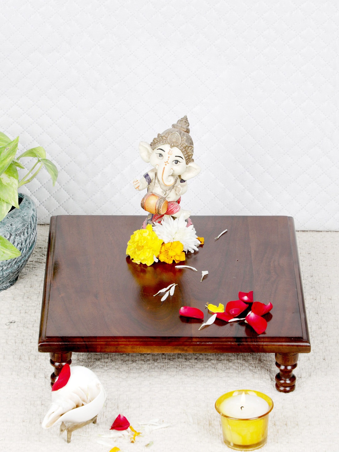 

GLOBALLY INDIAN Brown Square Wooden Pooja Chowkie