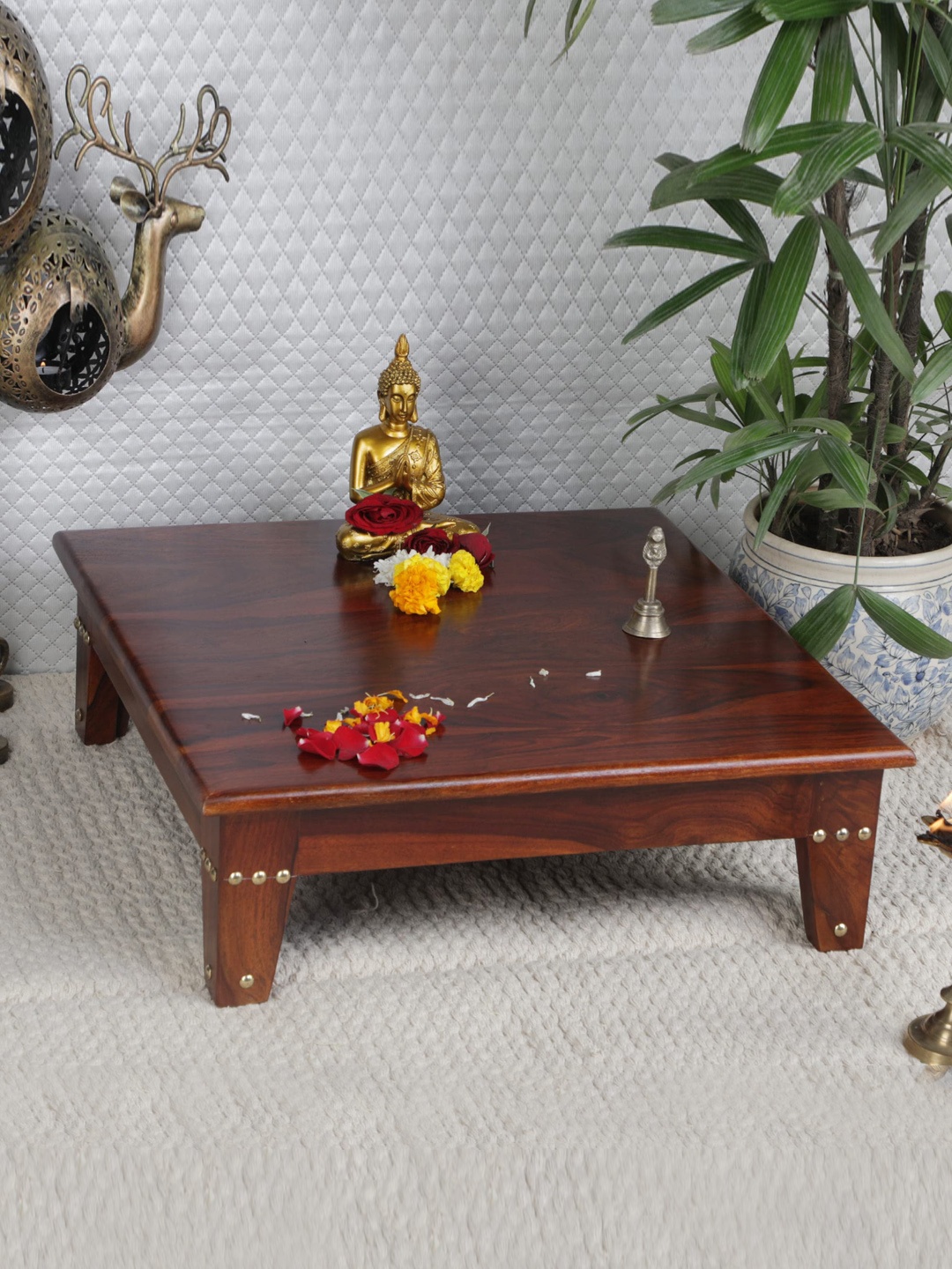 

GLOBALLY INDIAN Brown Square Wooden Pooja Chowkie