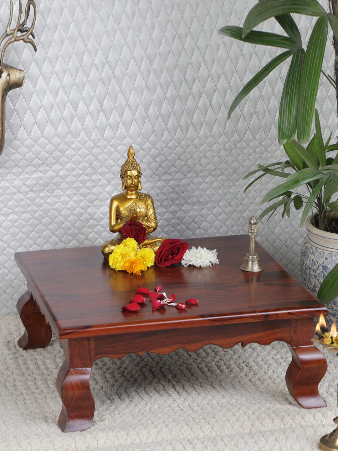 

GLOBALLY INDIAN Brown Square Wooden Pooja Chowkie