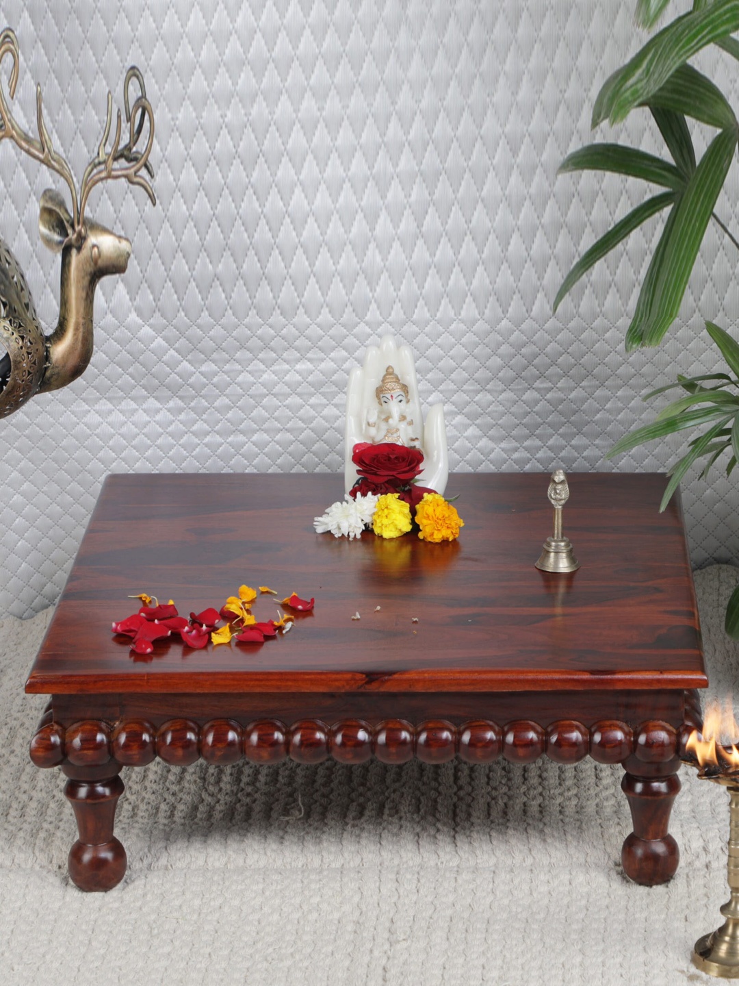 

GLOBALLY INDIAN Brown Square Wooden Pooja Chowkie