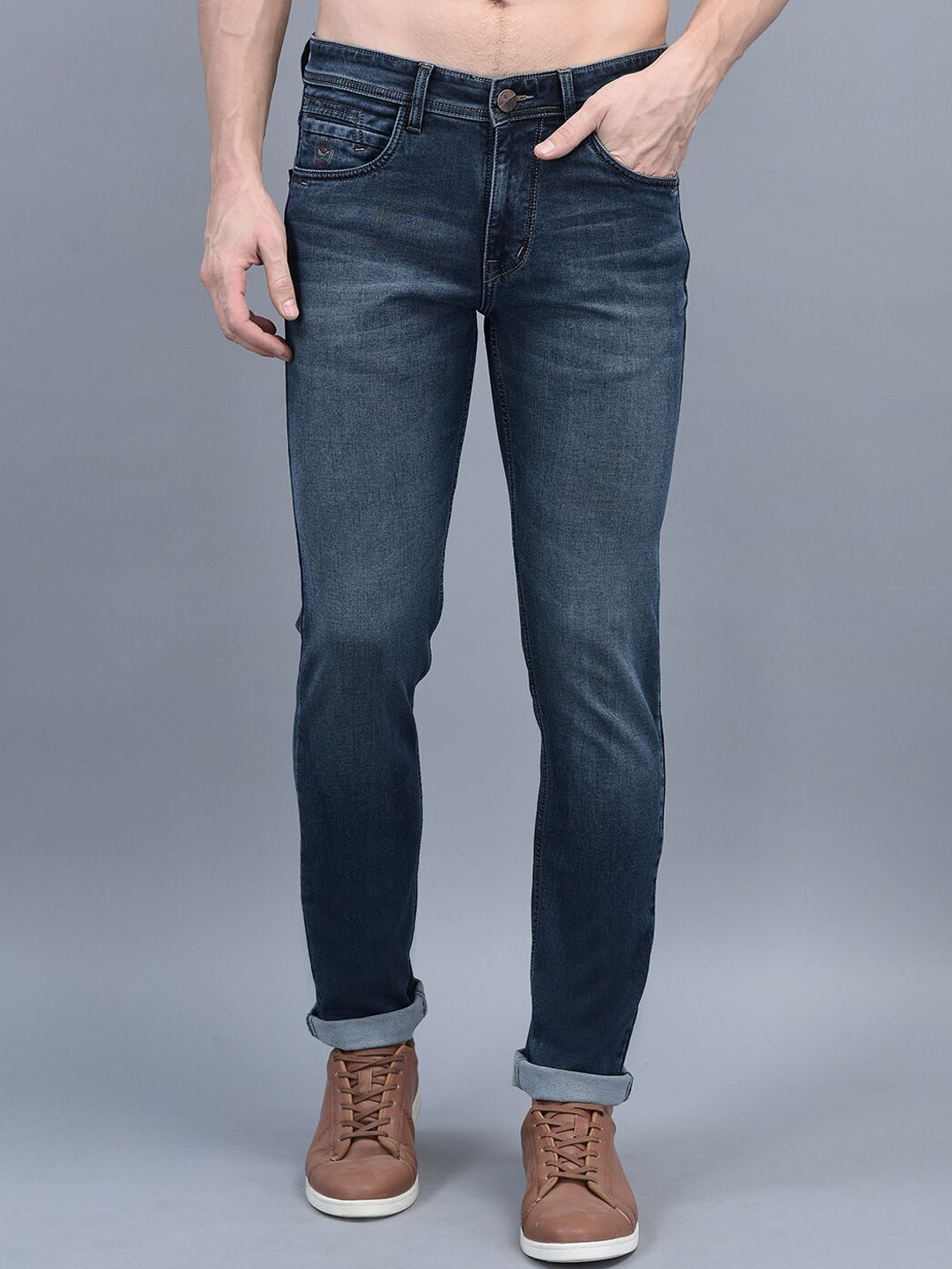 

COBB Men Comfort Slim Fit Clean Look Light Fade Mid-Rise Cotton Jeans, Navy blue