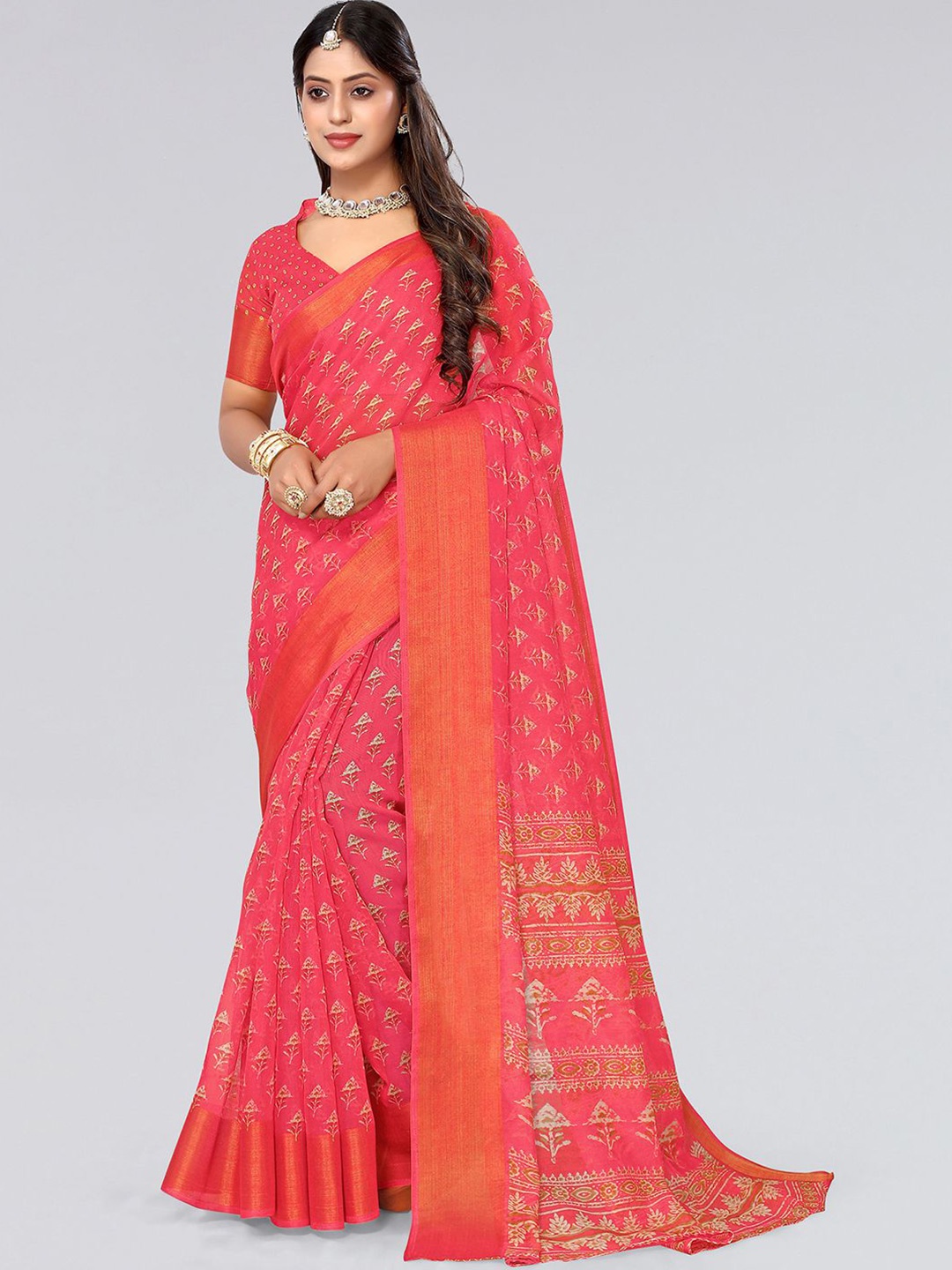 

KALINI Ethnic Motifs Printed Zari Saree, Pink