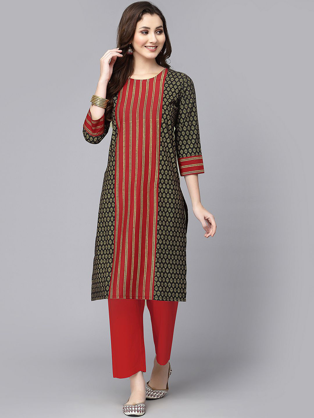 

KALINI Ethnic Motifs Printed Panelled Straight Kurta, Red