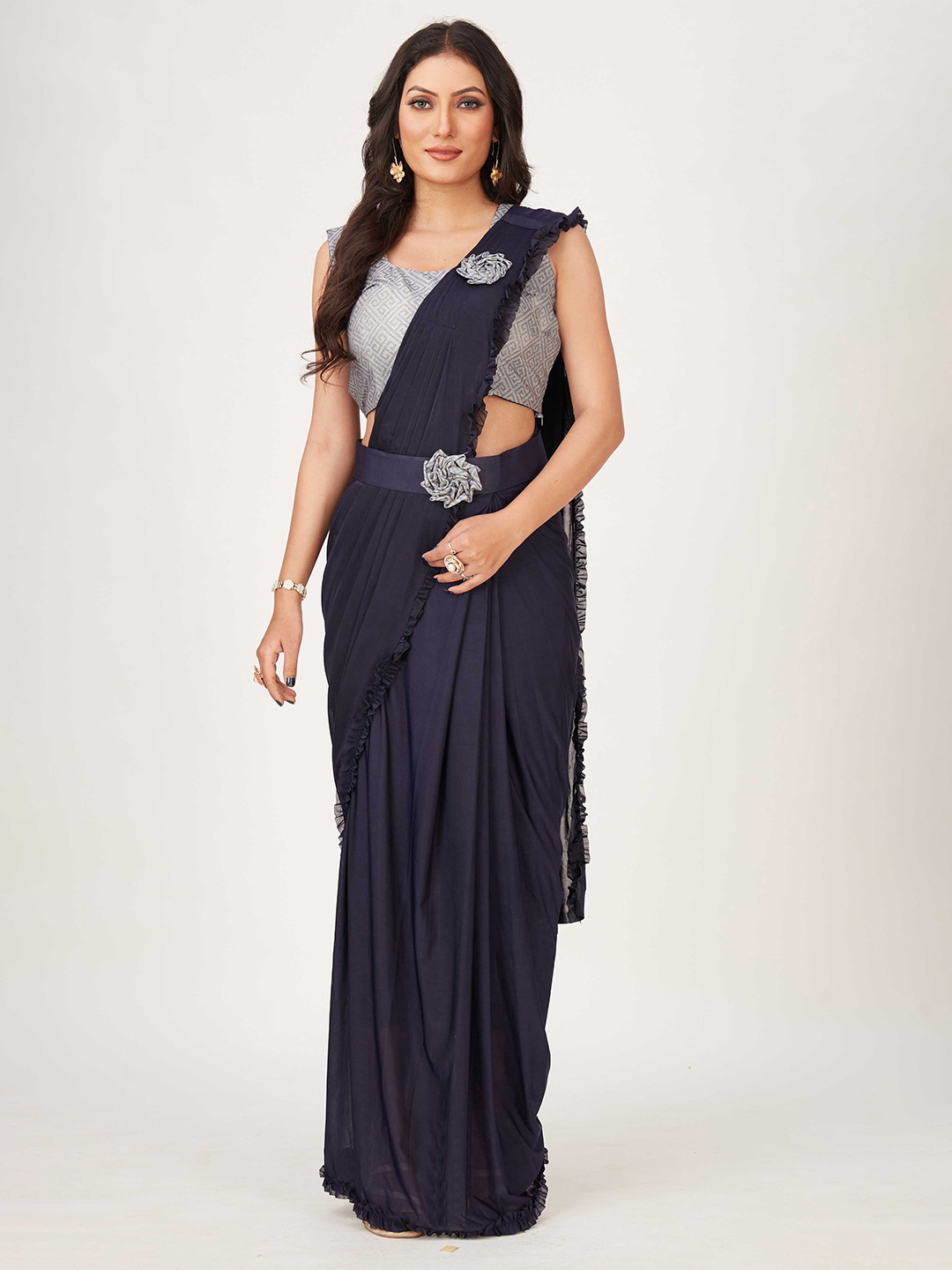 

Mitera Navy Blue Ruffled Detail Sequinned Ready to Wear Saree With Stitched Blouse Piece