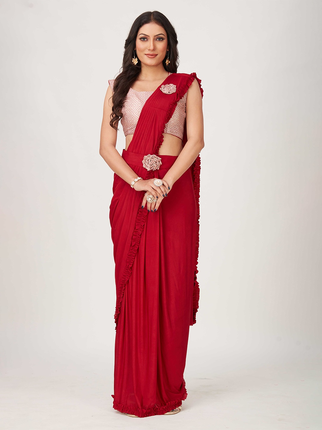 

Mitera Red Ready to Wear Saree With Stitched Blouse, Blue