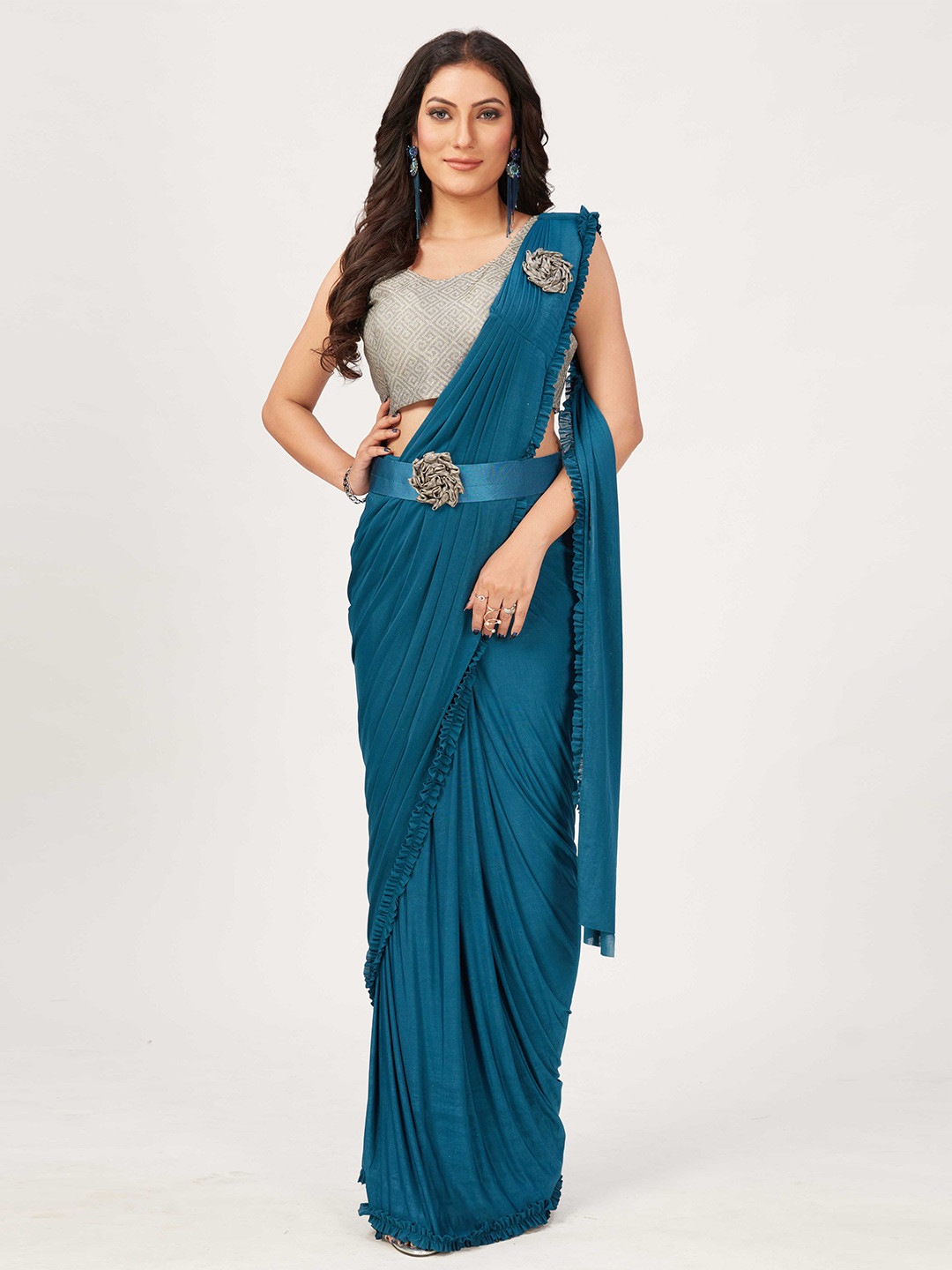 

Mitera Teal Sequinned Ready to Wear Saree With Stitched Blouse