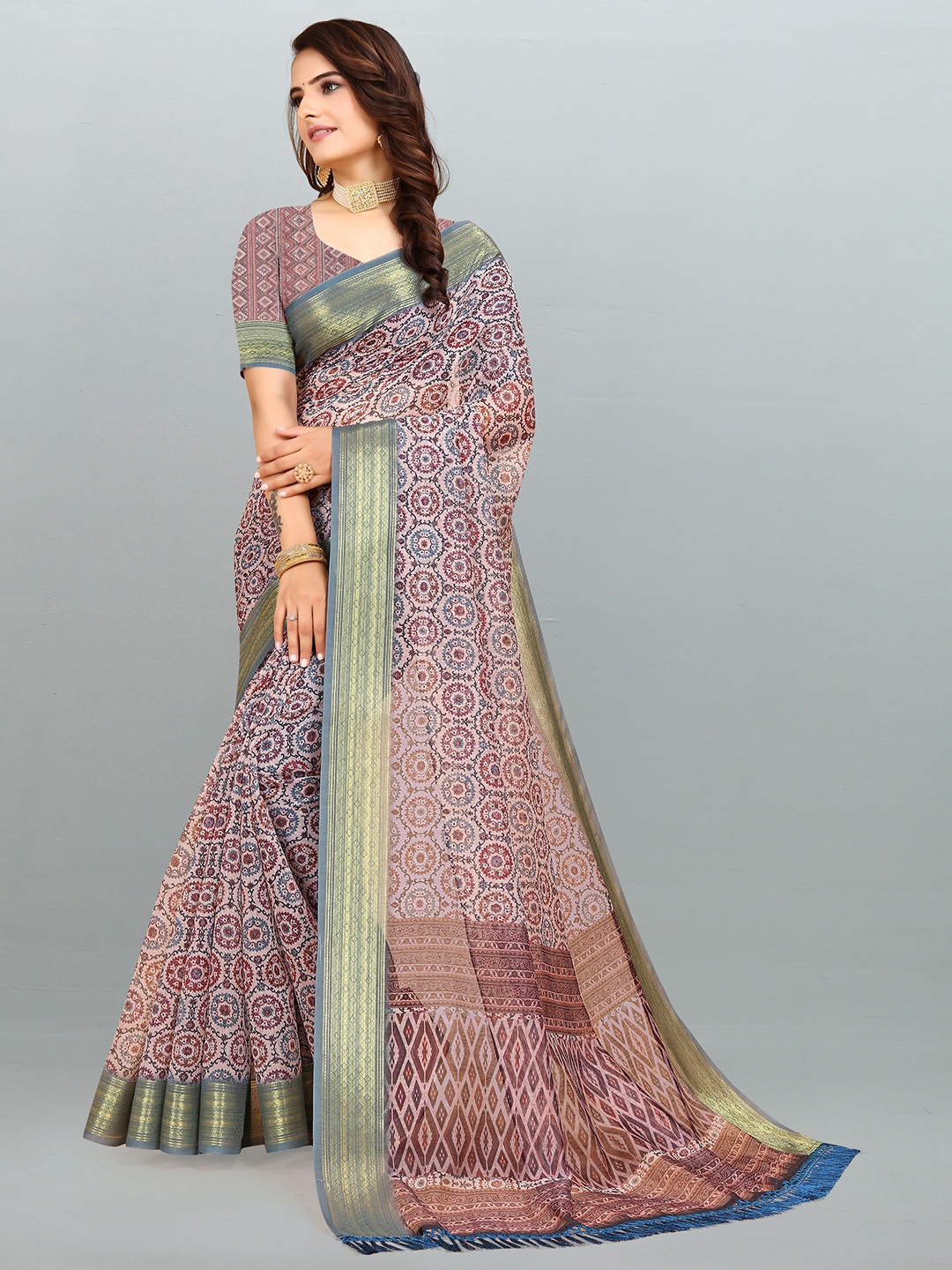 

elora Ethnic Motifs Printed Zari Pure Cotton Bhagalpuri Saree, Brown