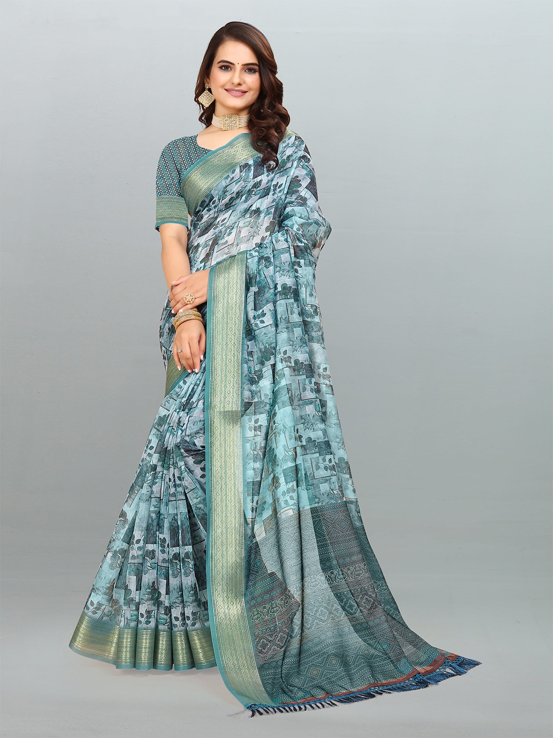 

elora Floral Printed Zari Pure Cotton Bhagalpuri Saree, Blue