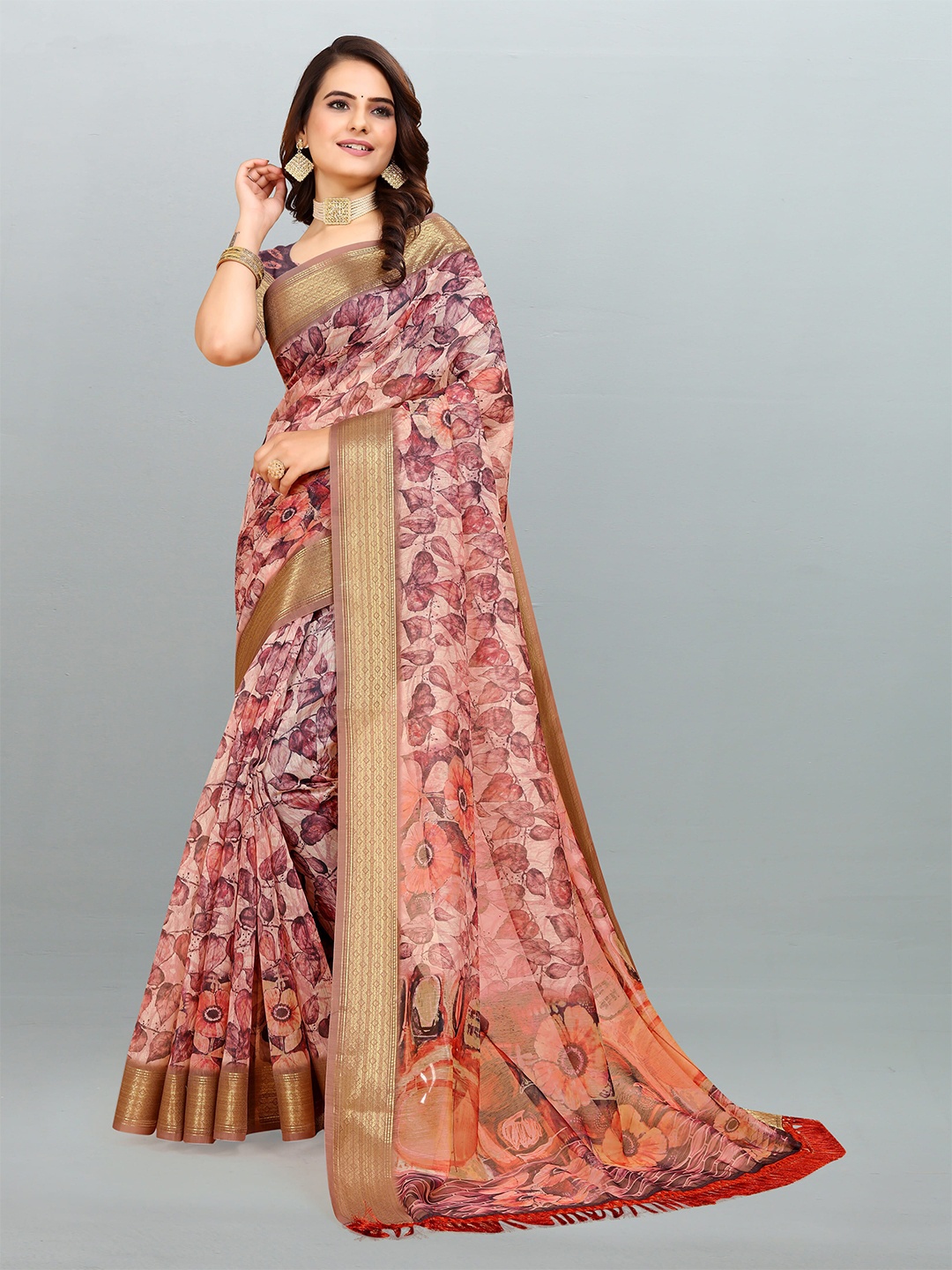 

elora Floral Printed Zari Pure Cotton Bhagalpuri Saree, Cream
