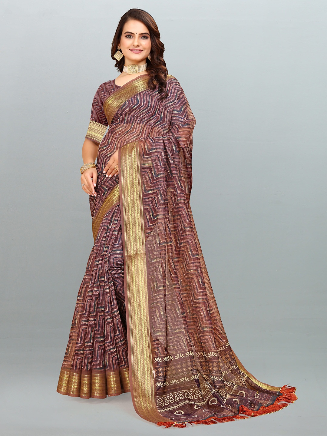 

elora Chevron Printed Zari Pure Cotton Bhagalpuri Saree, Brown