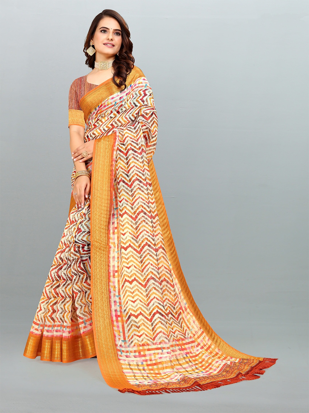 

elora Chevron Printed Zari Pure Cotton Bhagalpuri Saree, Beige