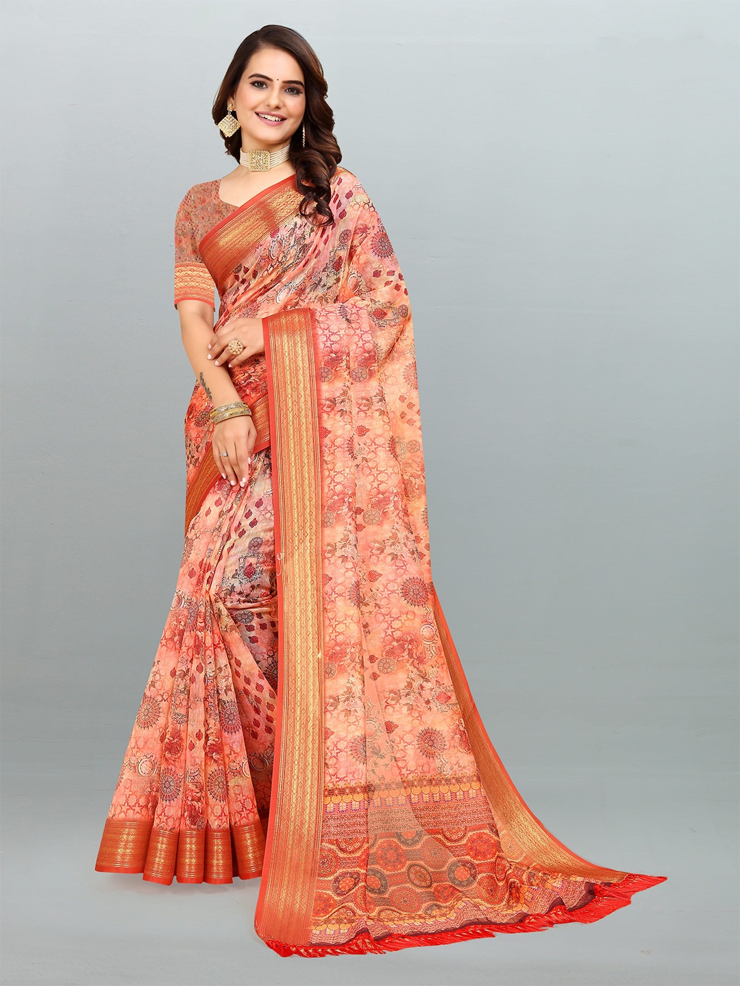 

elora Ethnic Motifs Printed Zari Pure Cotton Bhagalpuri Saree, Pink