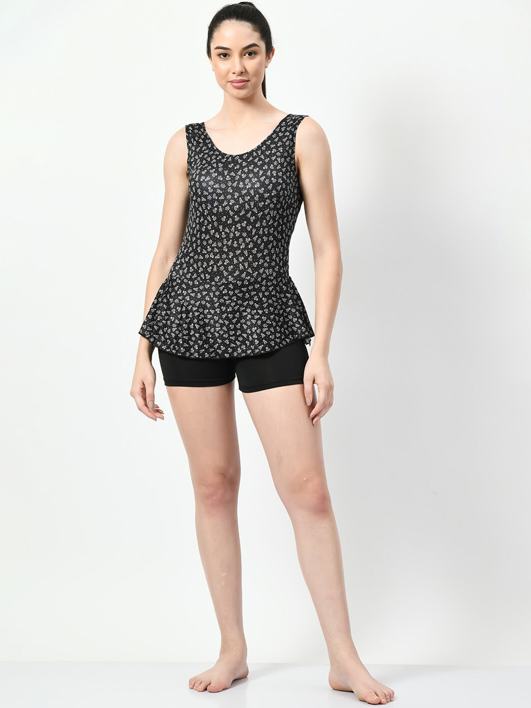 

Lebami Printed Swimming Dress With Attached Shorts, Black