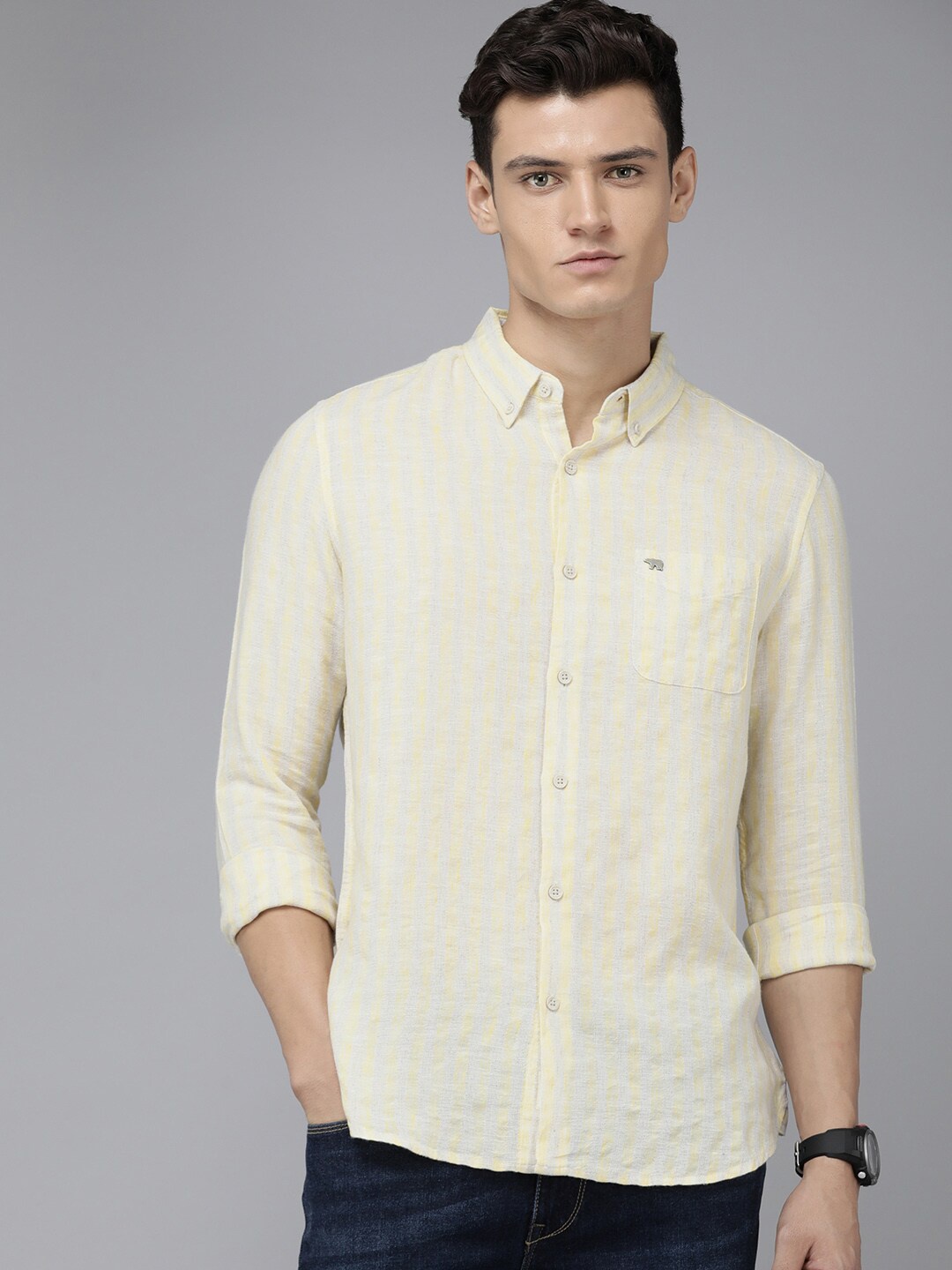 

THE BEAR HOUSE Striped Spread Collar Slim Fit Opaque Casual Shirt, Yellow