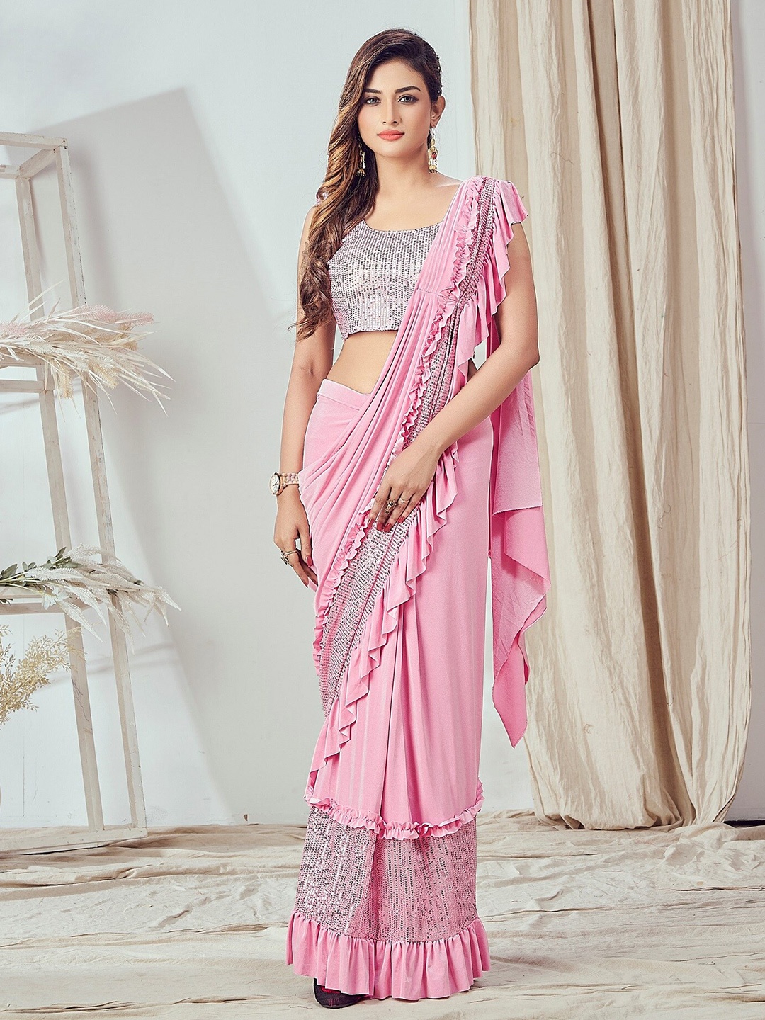 

Mitera Pink & Silver-Toned Sequinned Ready to Wear Saree With Stitched Blouse