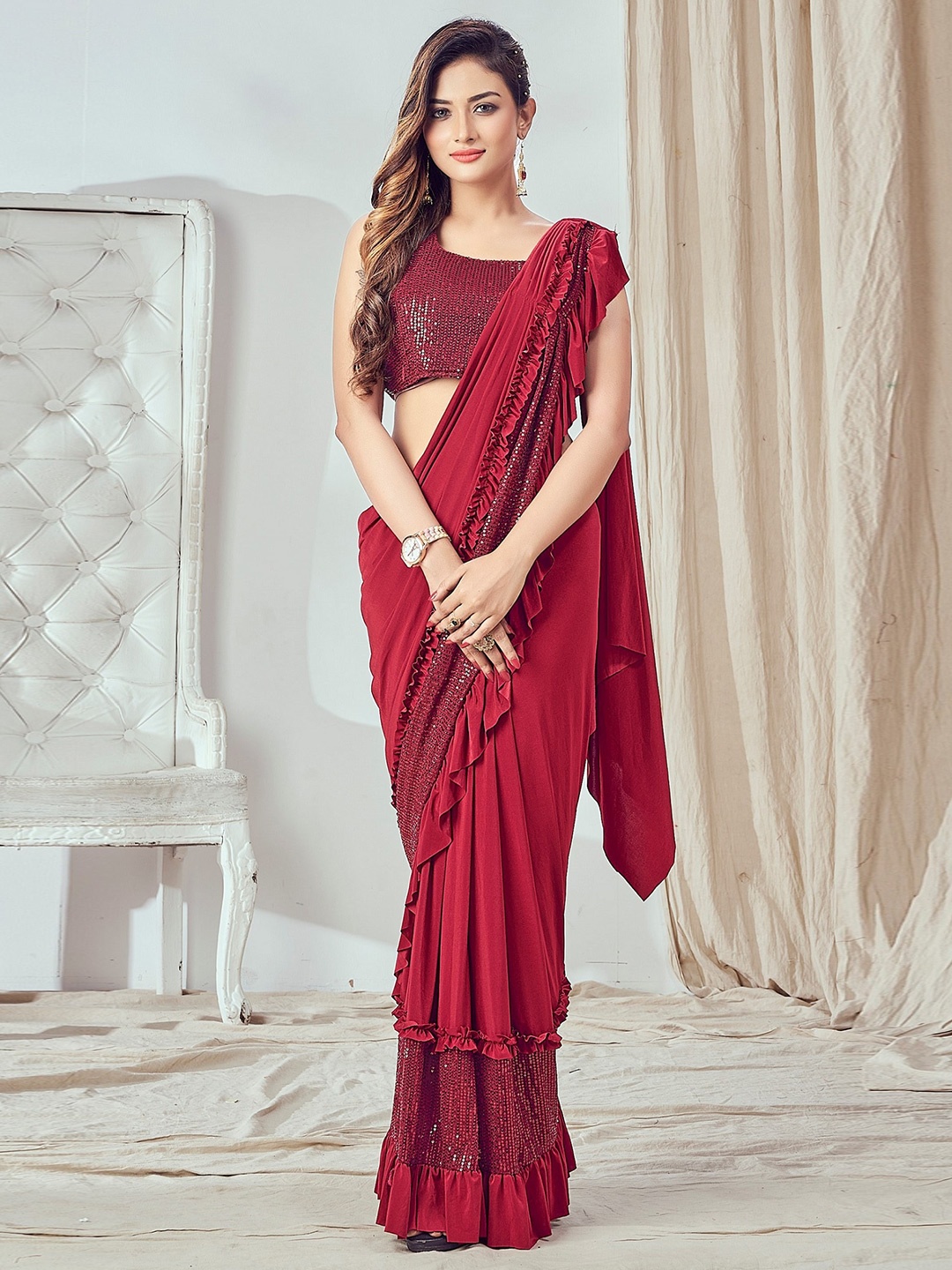 

Mitera Sequinned Ready to Wear Saree With Stitched Blouse Piece, Red