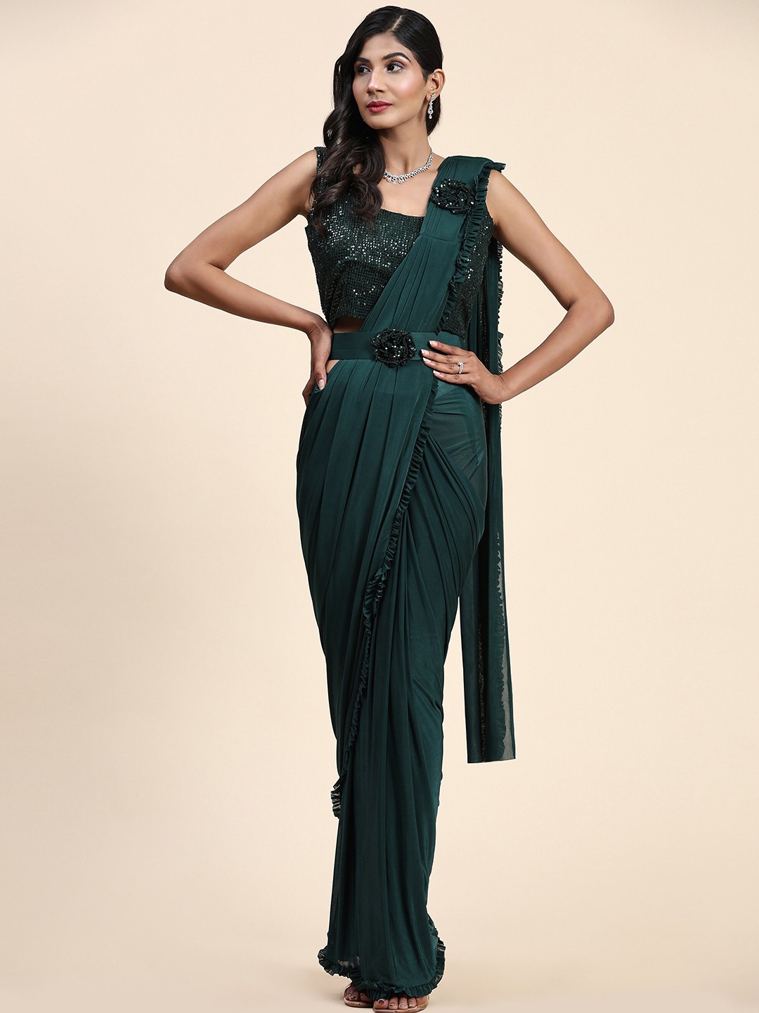 

Mitera Green Ruffles Detail Ready to Wear Saree With Stitched Blouse