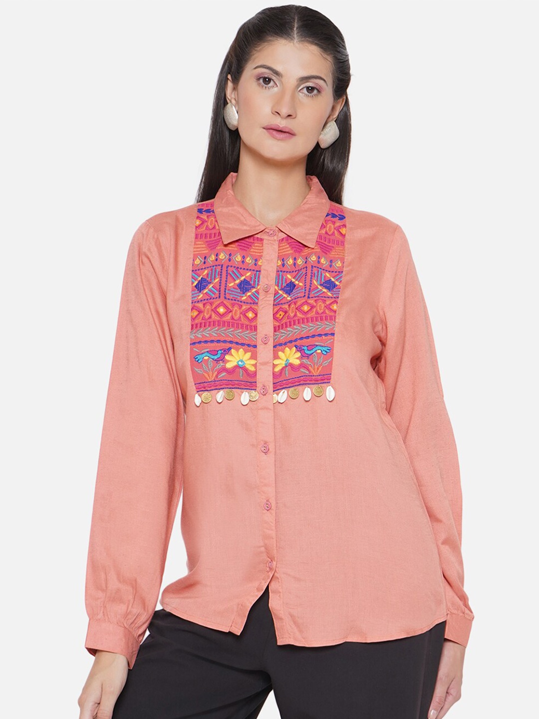 

bellamia Comfort Ethnic Motifs Embroidered Casual Shirt, Peach
