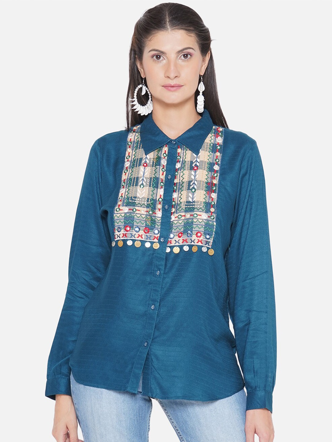 

bellamia Comfort Ethnic Motifs Embroidered Casual Shirt, Teal