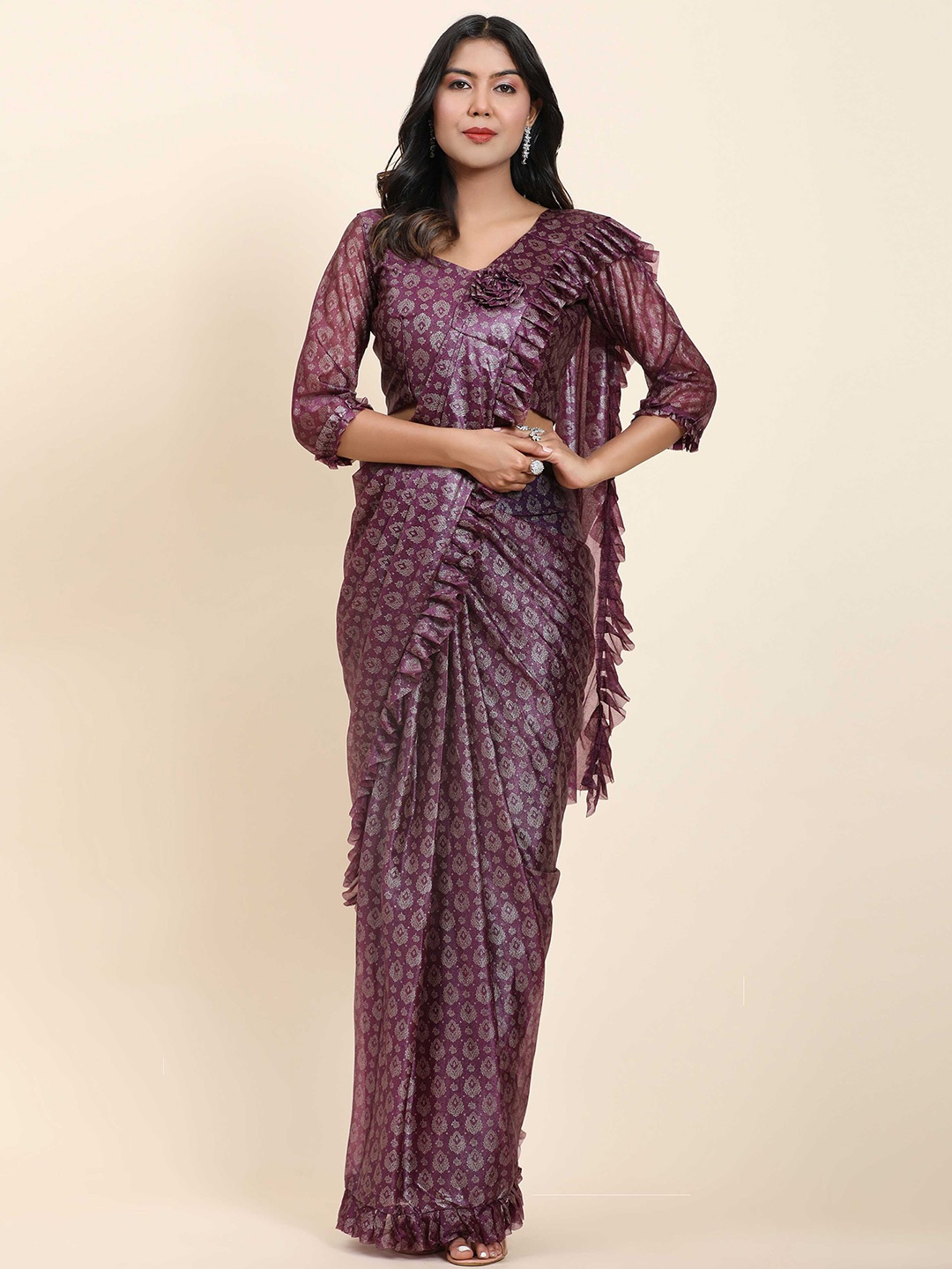 

Mitera Purple Ethnic Motifs Printed Ready to Wear Saree With Stitched Blouse Piece