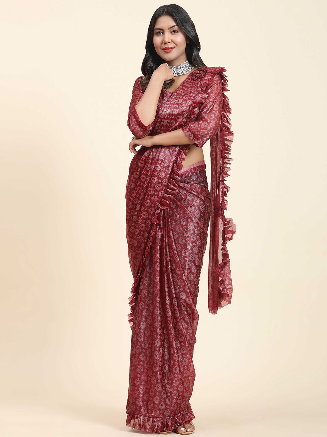 

Mitera Red & White Ethnic Motifs Printed Silk Blend Ready to Wear Saree