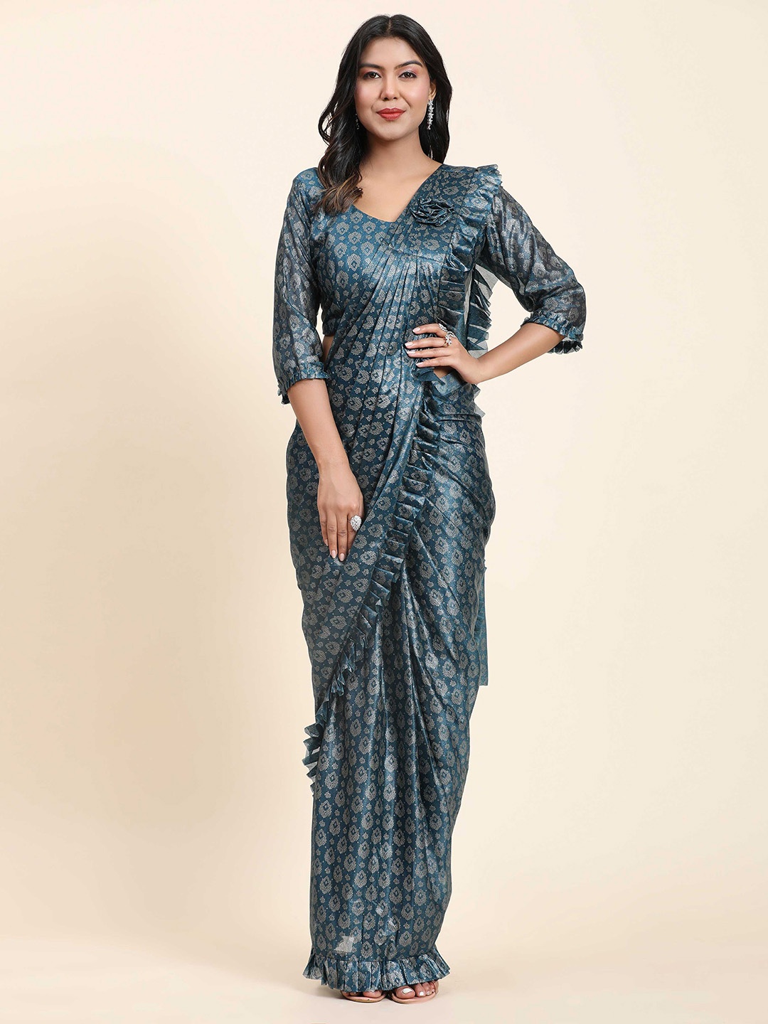 

Mitera Ethnic Motifs Printed Ready To Wear Saree, Teal