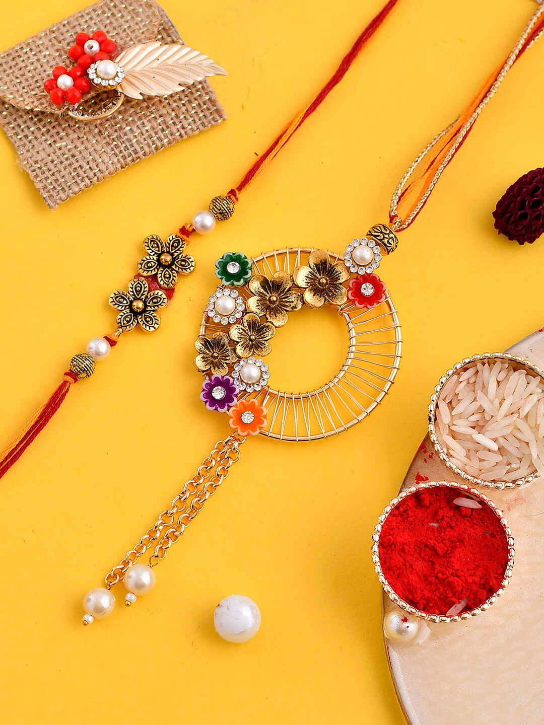 

Aapno Rajasthan Unisex Set Of 2 Stone Studded & Beaded Bhaiya Bhabhi Rakhis, Gold