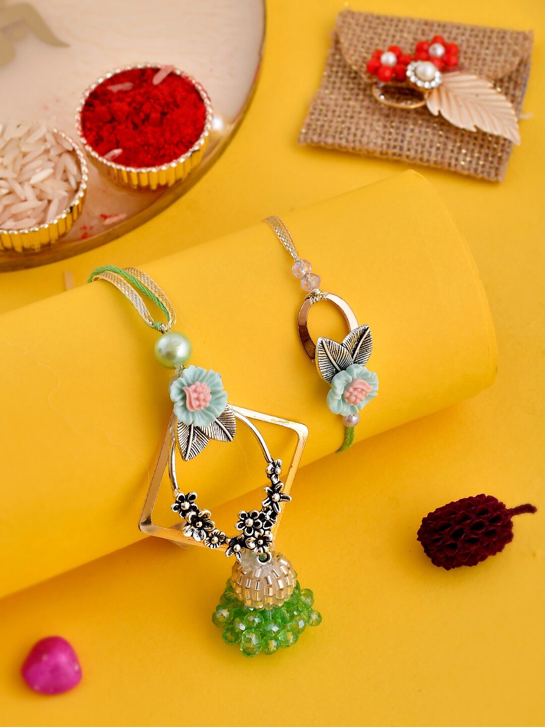 

Aapno Rajasthan Set Of 2 Beaded Bhaiya Bhabhi Rakhi With Roli & Chawal, Green