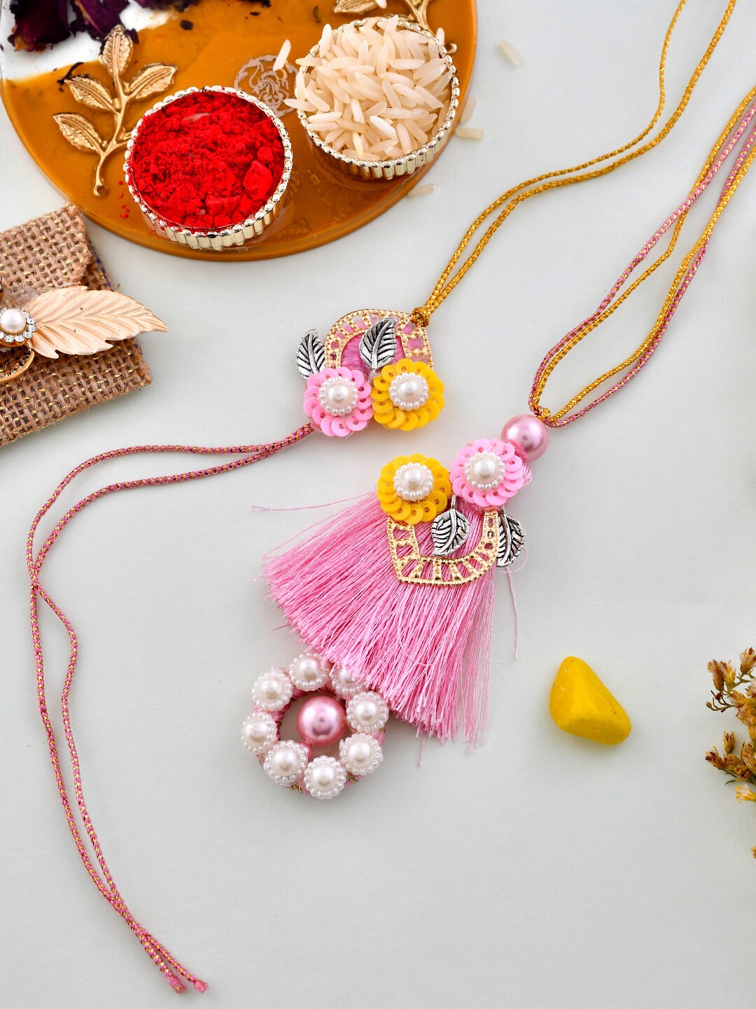 

Aapno Rajasthan Set Of 2 Embellished Bhaiya Bhabhi Rakhi With Roli & Chawal, Pink