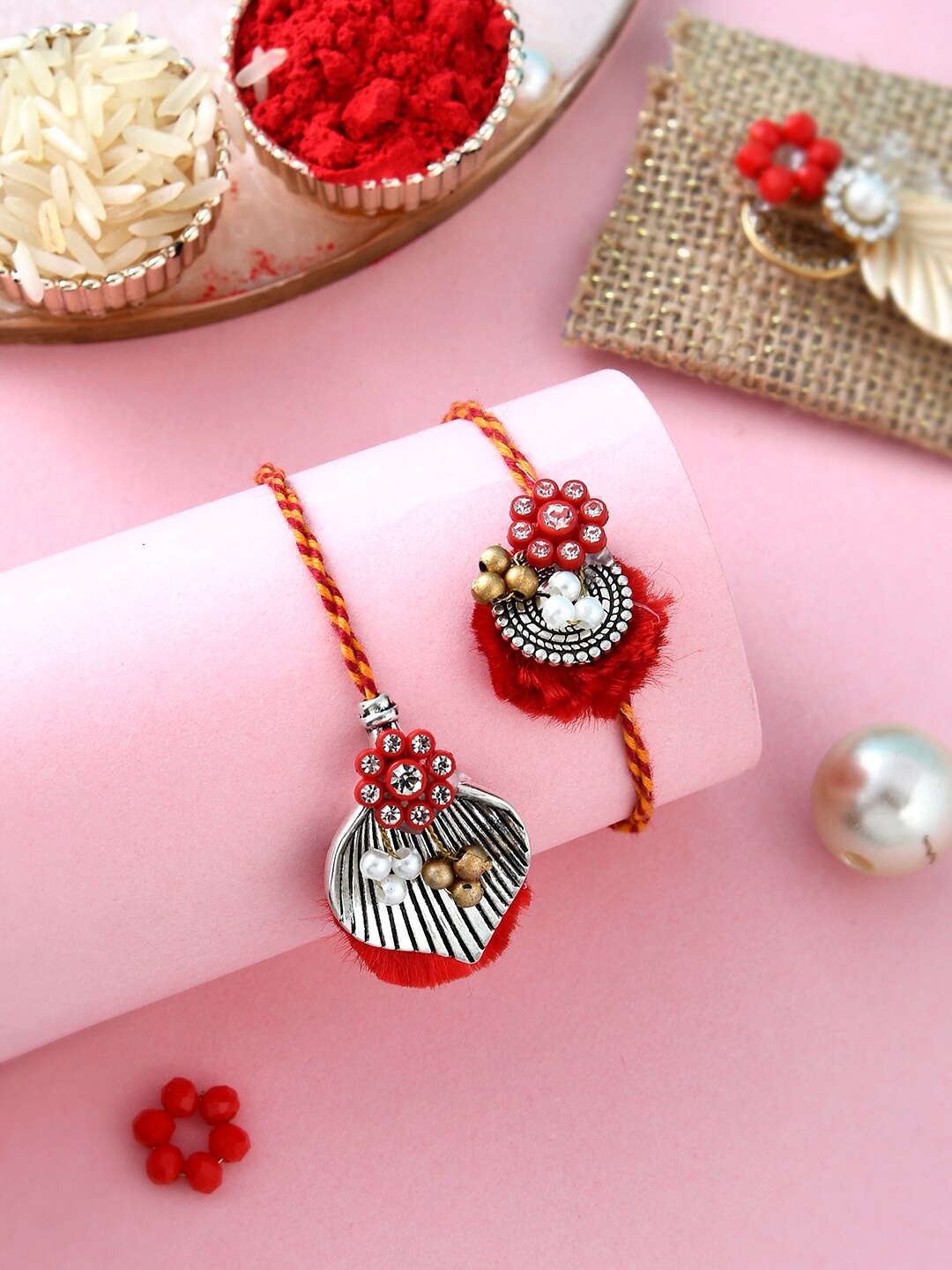 

Aapno Rajasthan Unisex Set Of 2 Bhaiya Bhabhi Rakhis, Red