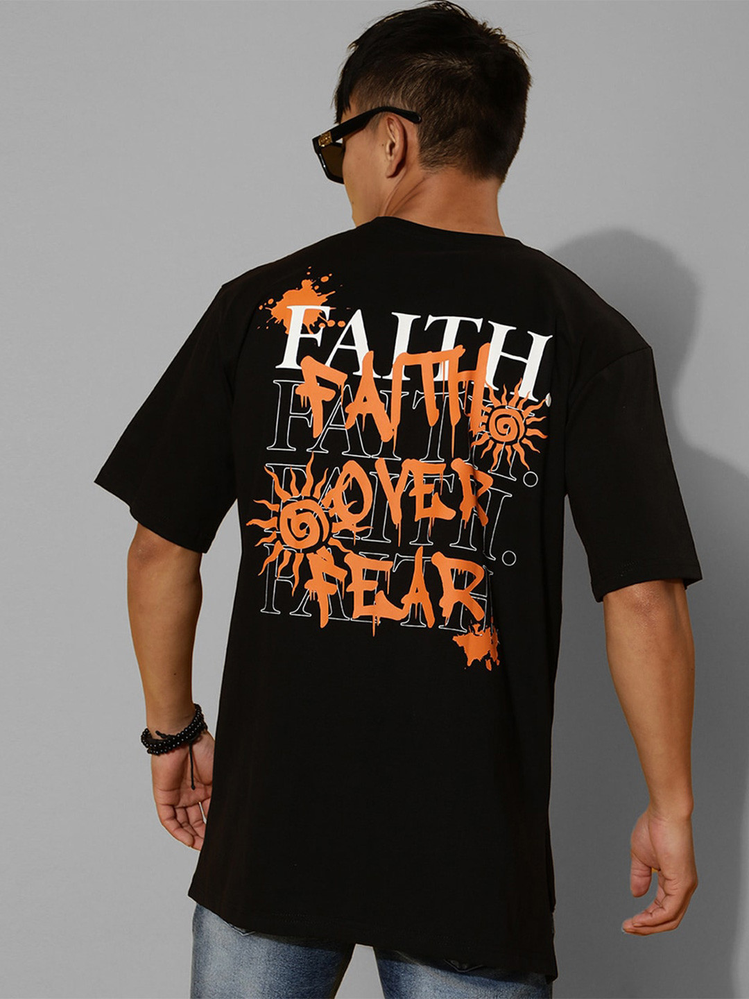 

VEIRDO Typography Printed Oversized Bio Finish Cotton T-shirt, Black