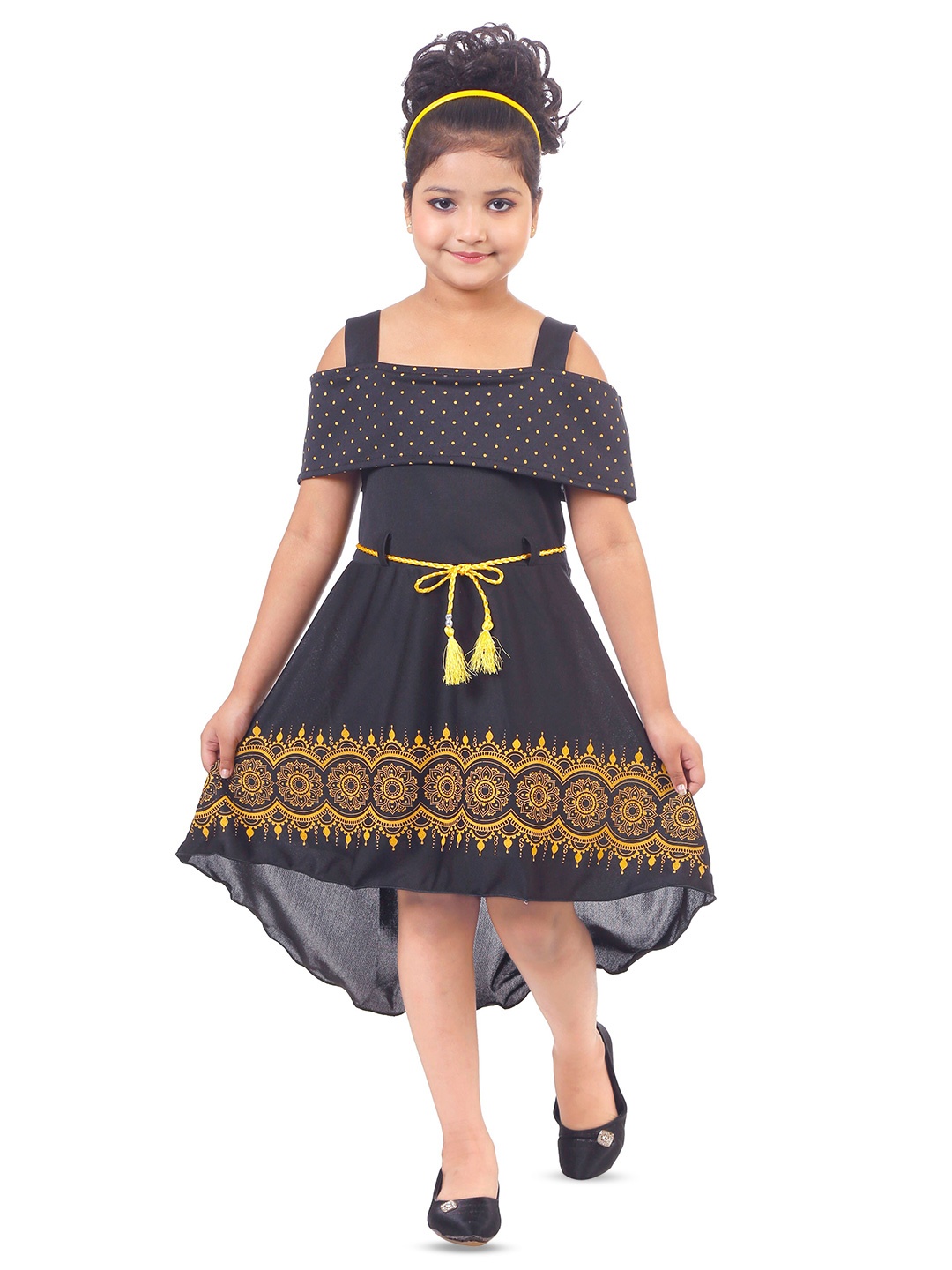 

BAESD Girls Ethnic Motifs Printed Square Neck Cold-Shoulder Belted Fit & Flare Dress, Black