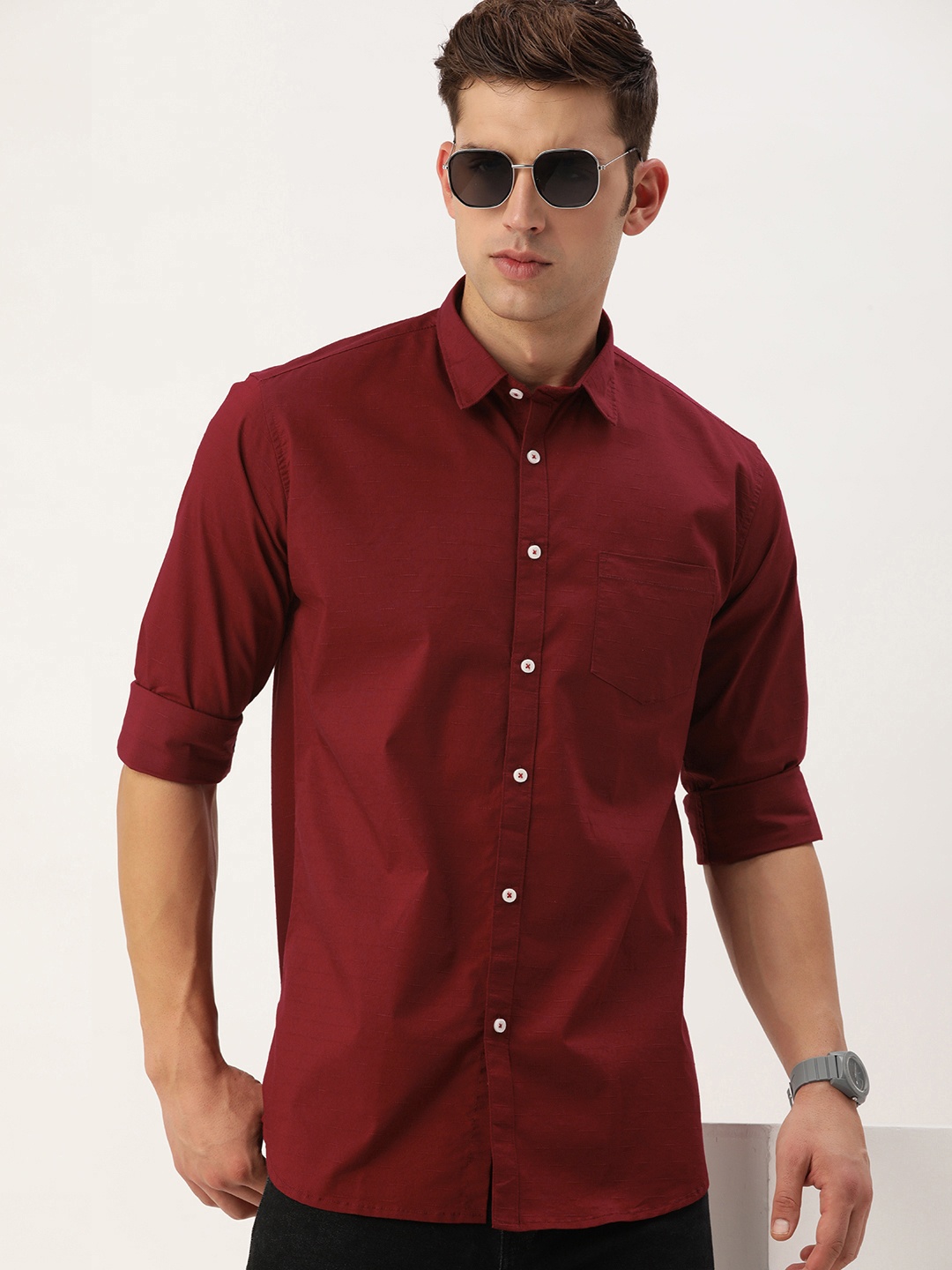 

Harvard Men Slim Fit Self Design Opaque Casual Shirt, Maroon