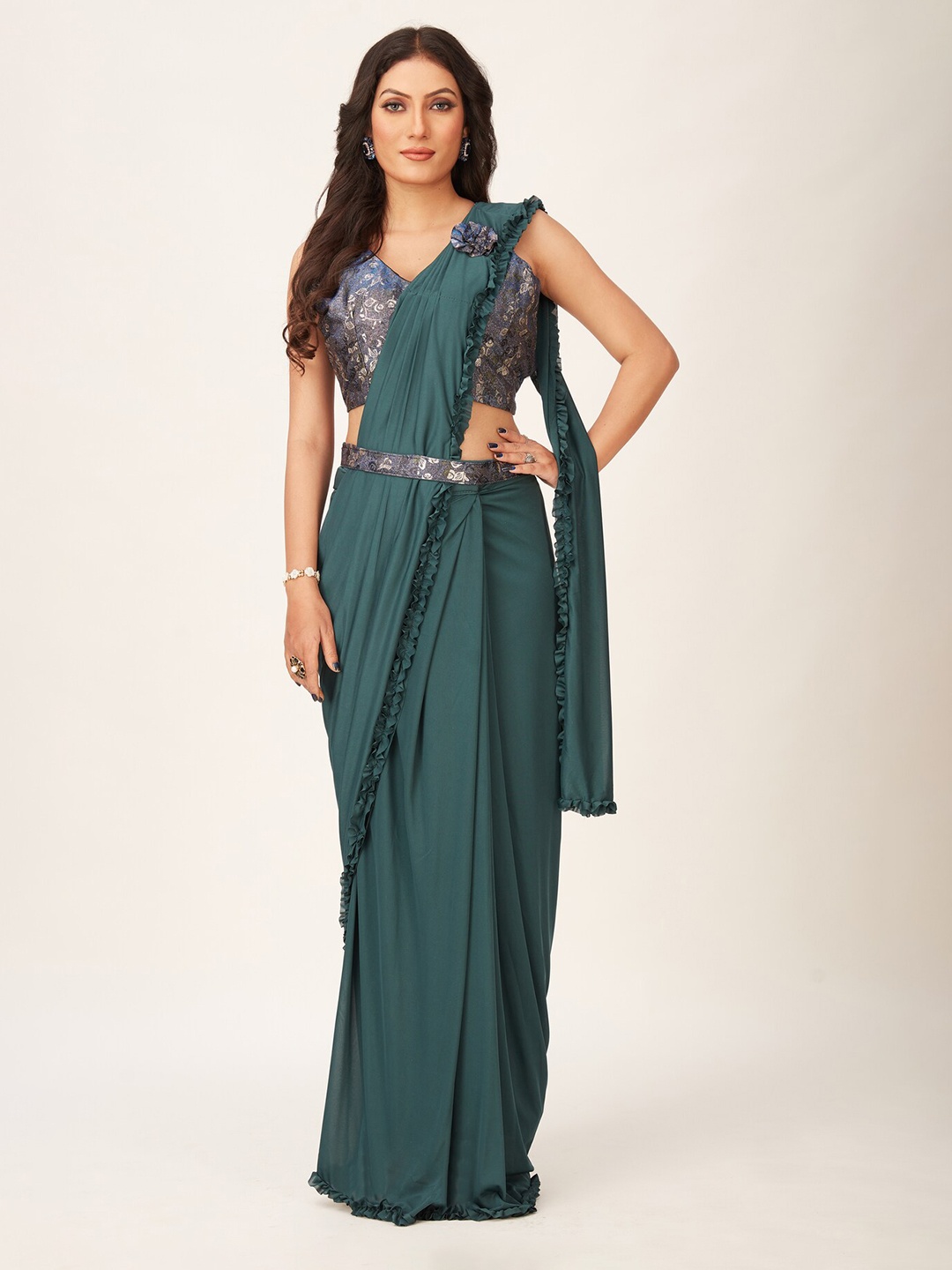 

Mitera Teal Silk Blend Ready To Wear Saree