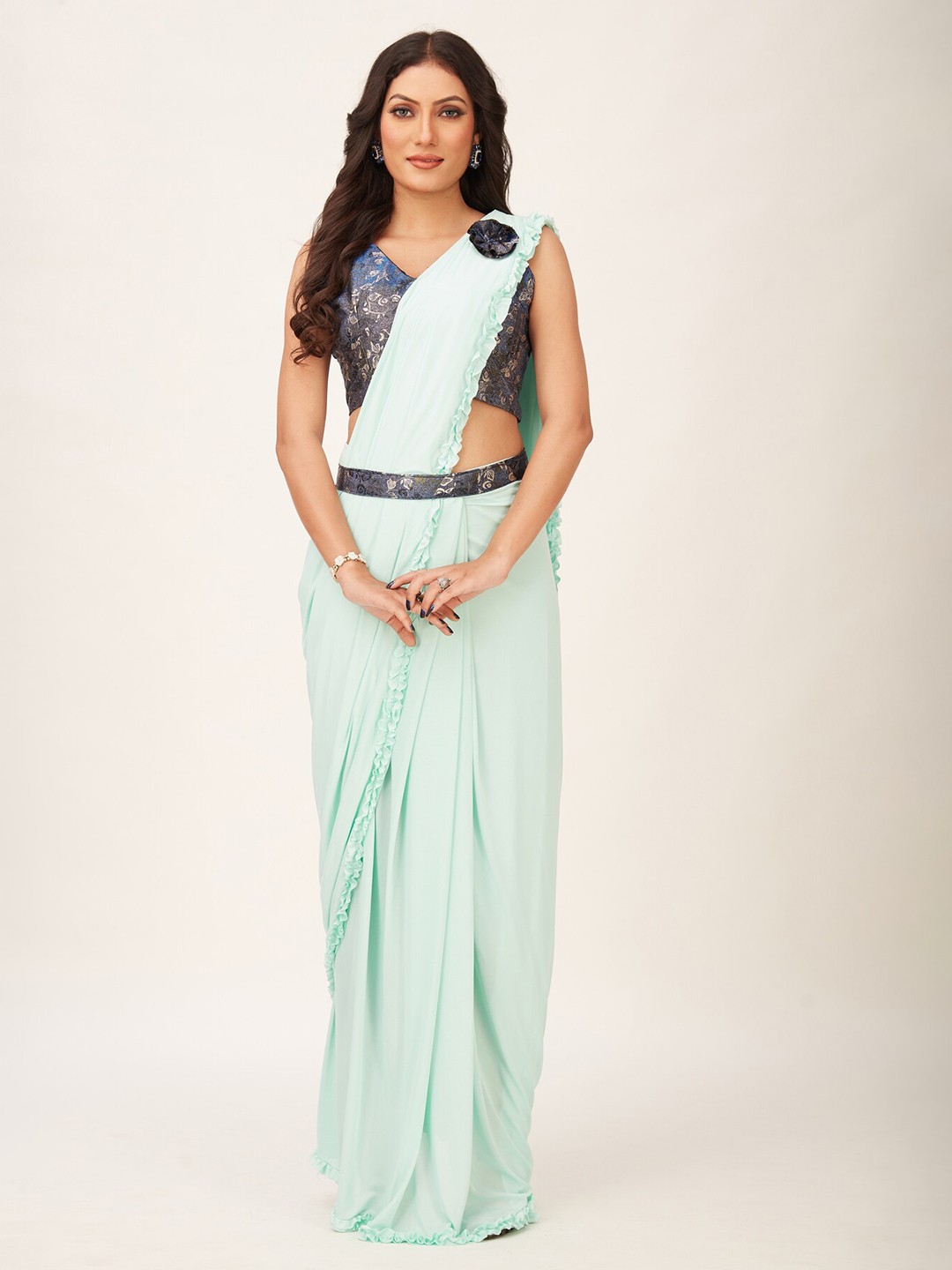 

Mitera Blue Silk Blend Ready To Wear Saree