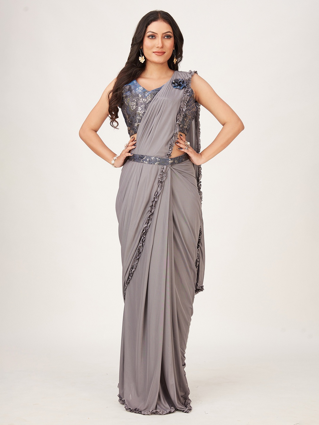 

Mitera Grey Ruffles Detail Ready to Wear Saree With Stitched Blouse