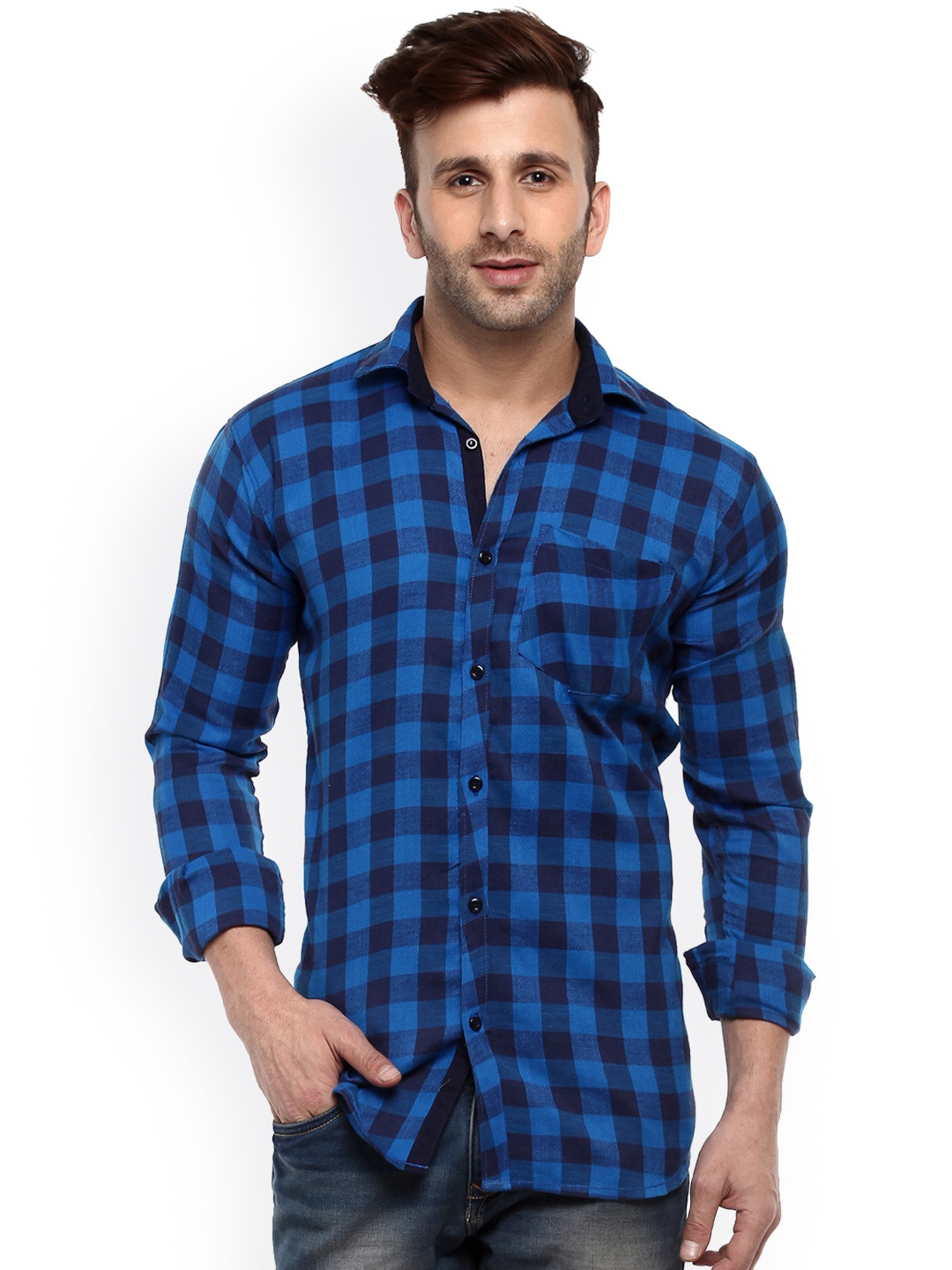 Hangup Men Blue Smart Regular Fit Checked Casual Shirt