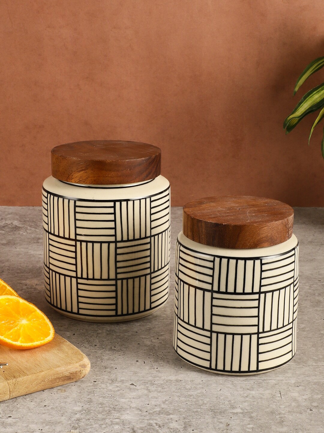 

MIAH Decor Off White 2 Pieces Lead free Printed Food Storage Jars With Wooden Lids