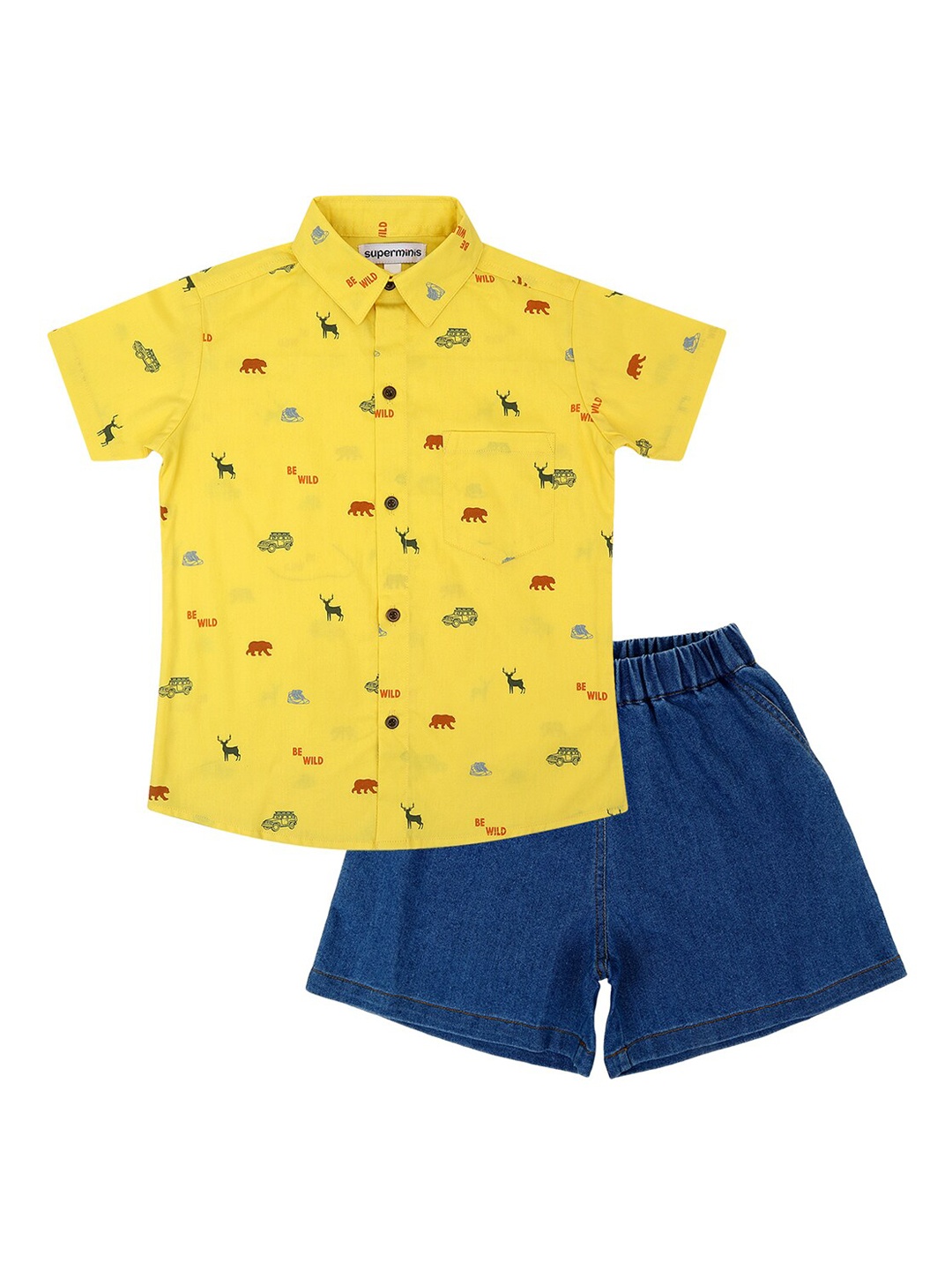 

Superminis Boys Printed Pure Cotton Shirt With Denim Shorts, Yellow