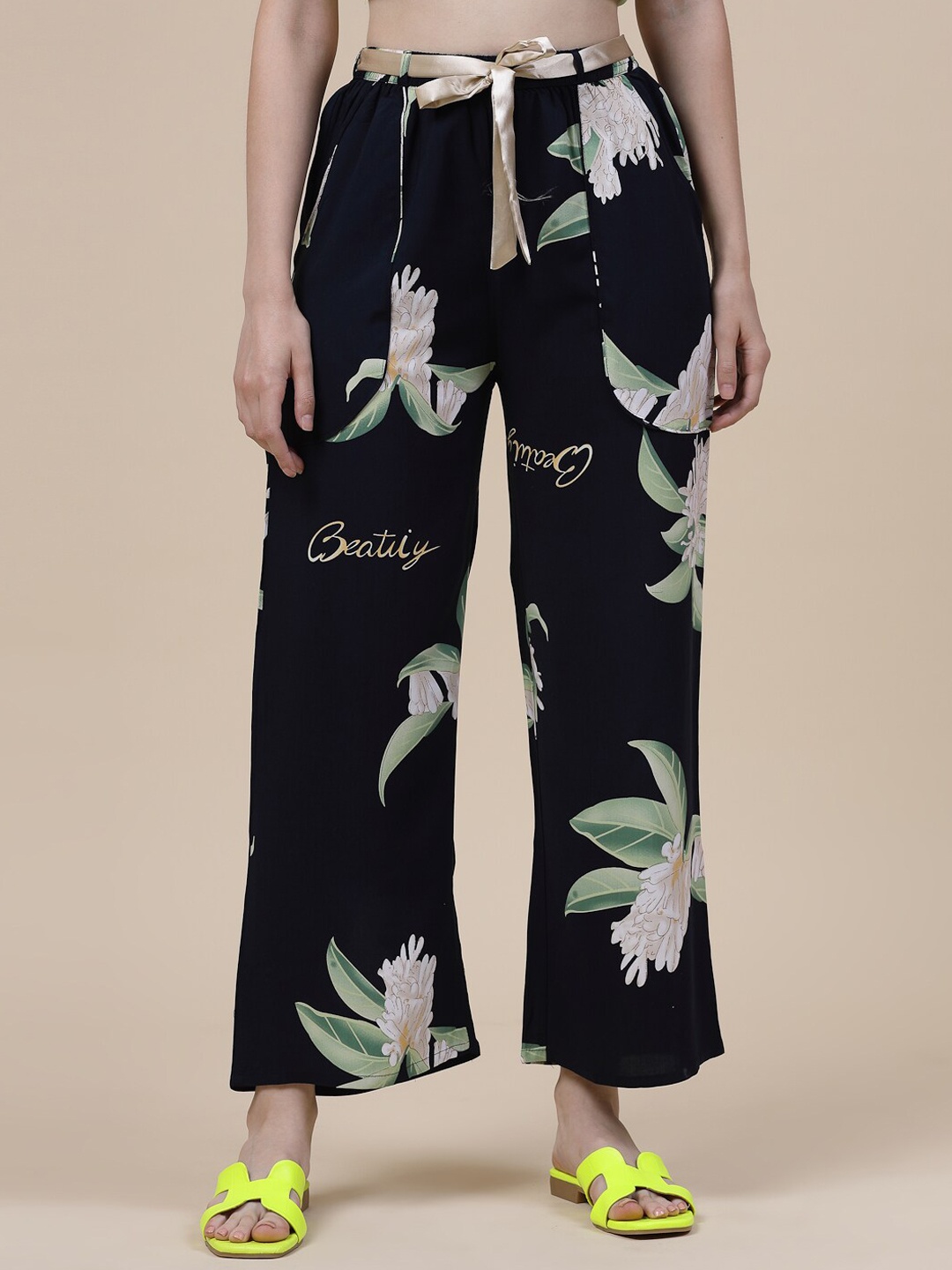 

Sweet Dreams Navy Blue Floral Printed Mid-Rise Straight Fit Palazzo