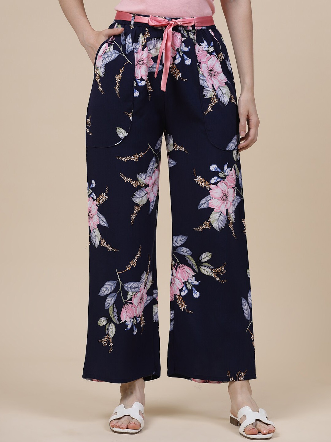 

Sweet Dreams Floral Printed Mid-Rise Palazzo, Navy blue