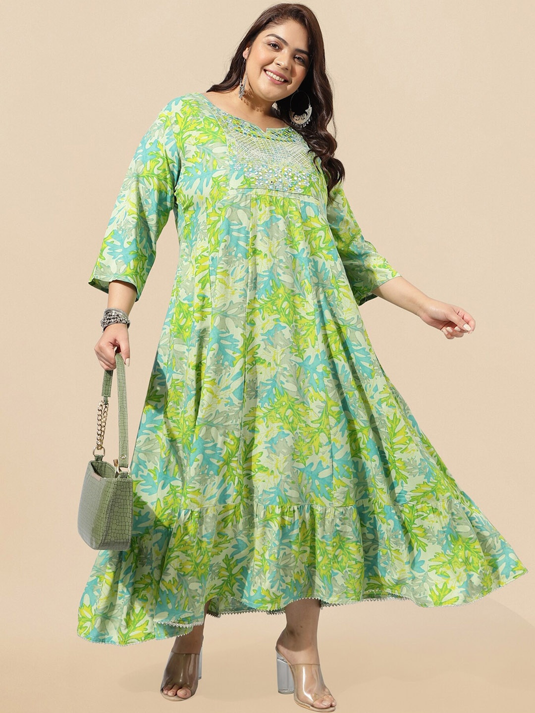 

MIRCHI FASHION Green Plus Size Floral Printed Embellished Empire Ethnic Dress