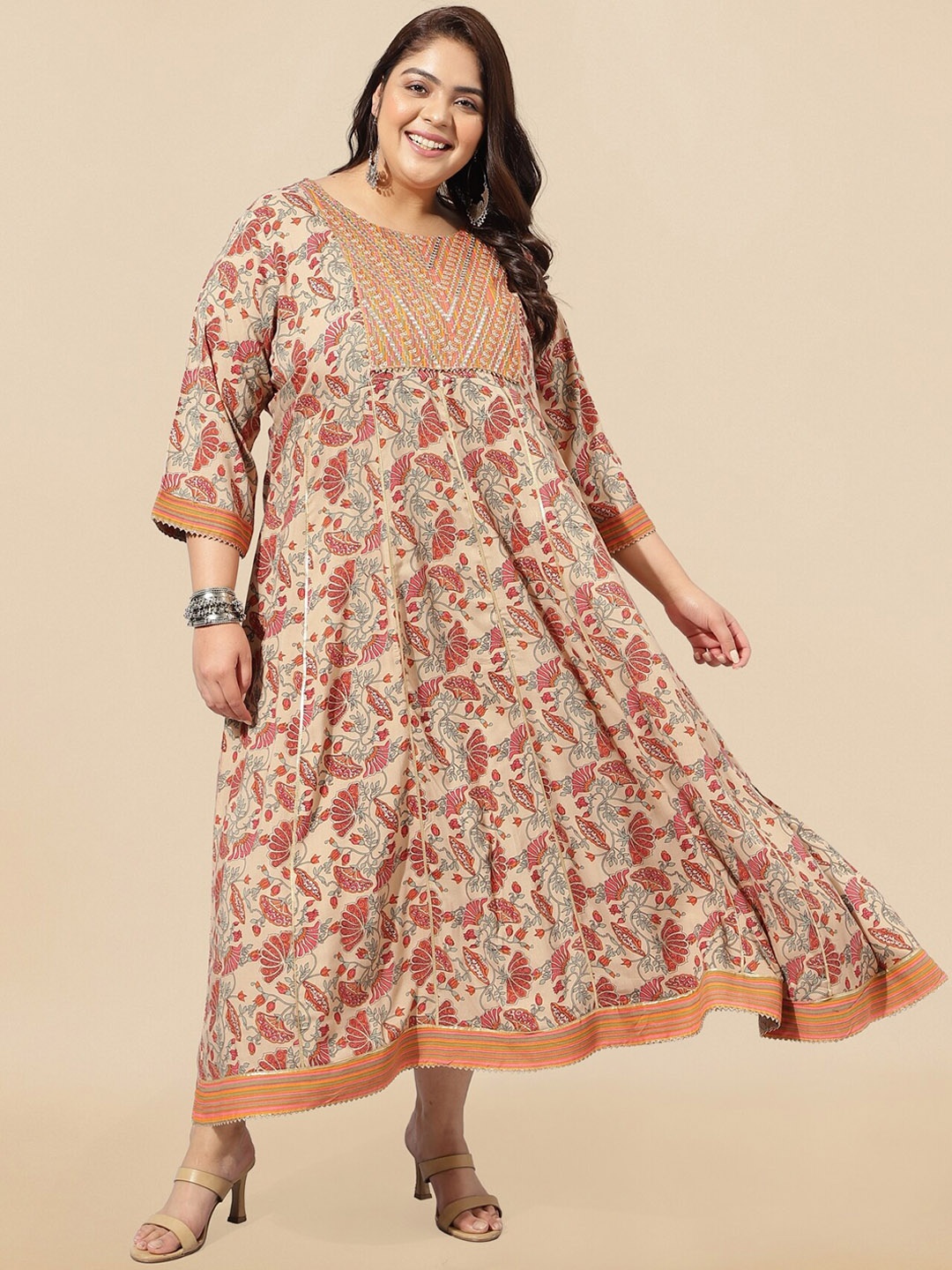 MIRCHI FASHION Floral Printed Embellished Maxi Ethnic Dress, Orange