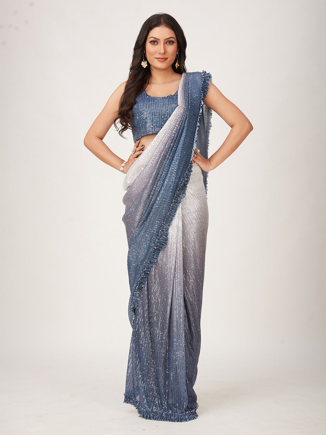 

Mitera Blue & Silver-Toned Sequinned Ready to Wear Saree With Stitched Blouse