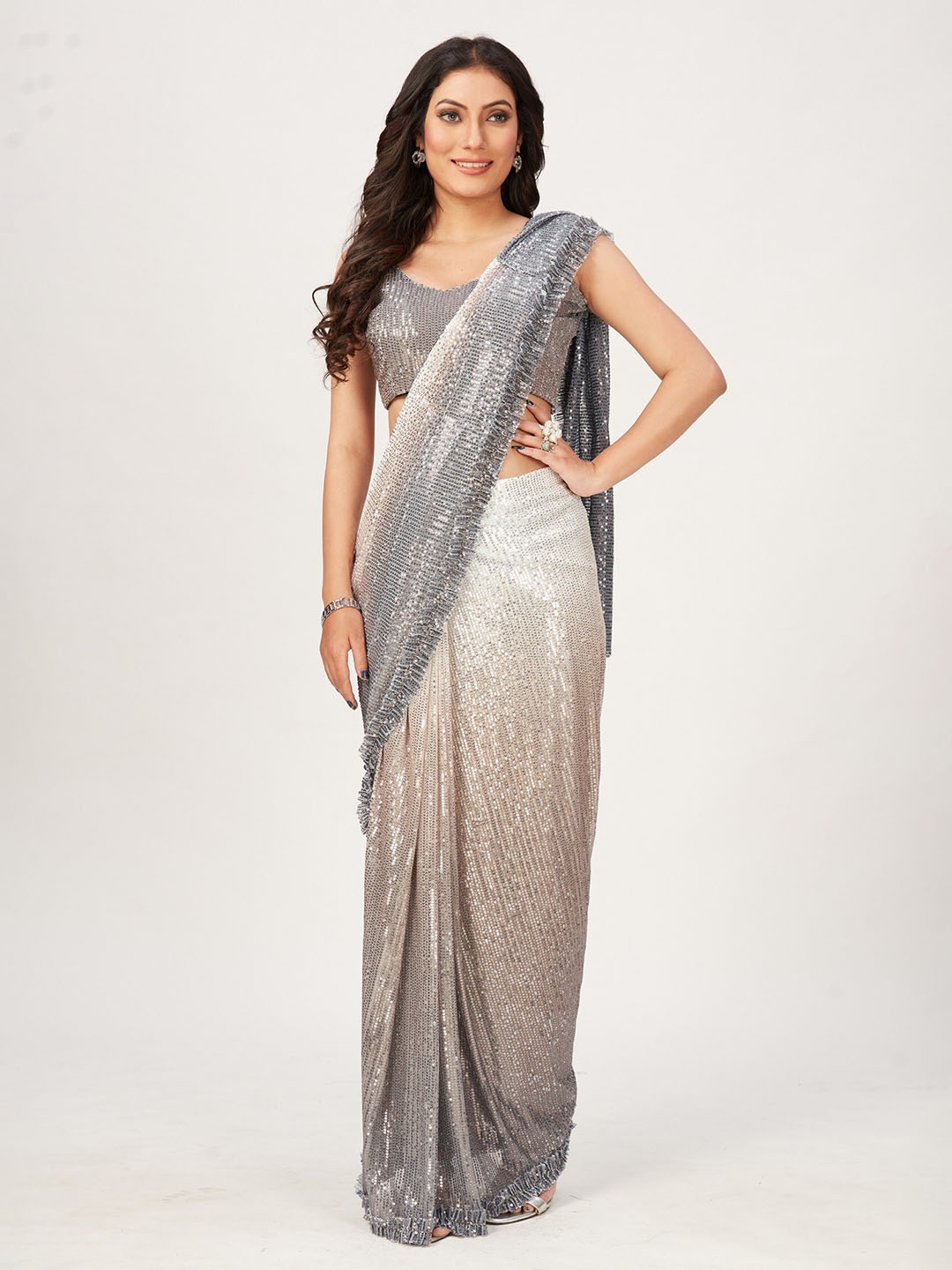 

Mitera Grey & Silver-Toned Embellished Ready to Wear Saree With Stitched Blouse
