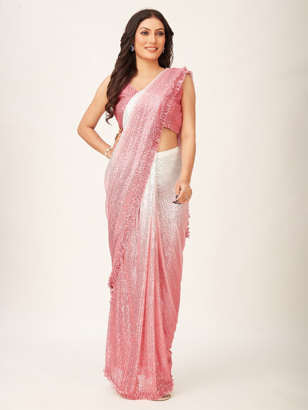 

Mitera Pink & White Embellished Sequinned Silk Blend Ready To Wear Saree