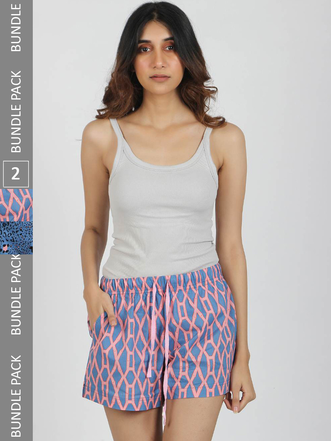 

S&F Women Pack Of 2 Printed Regular Fit Mid Rise Cotton Shorts, Blue