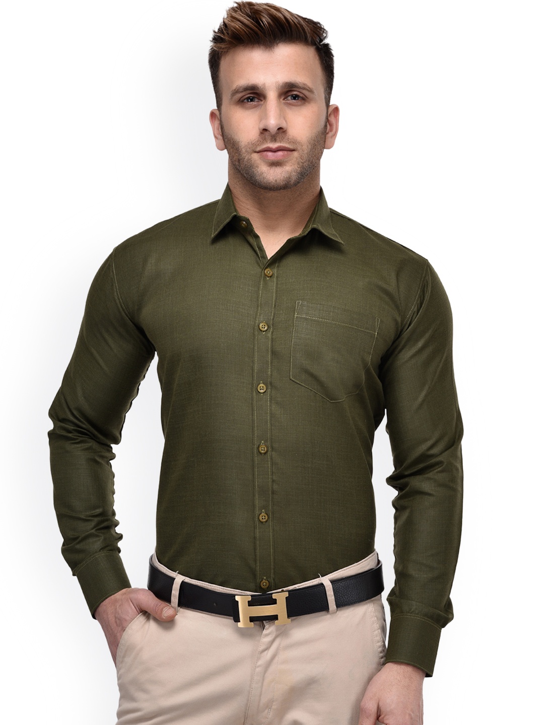 

Hangup Men Olive Green Regular Fit Solid Formal Shirt