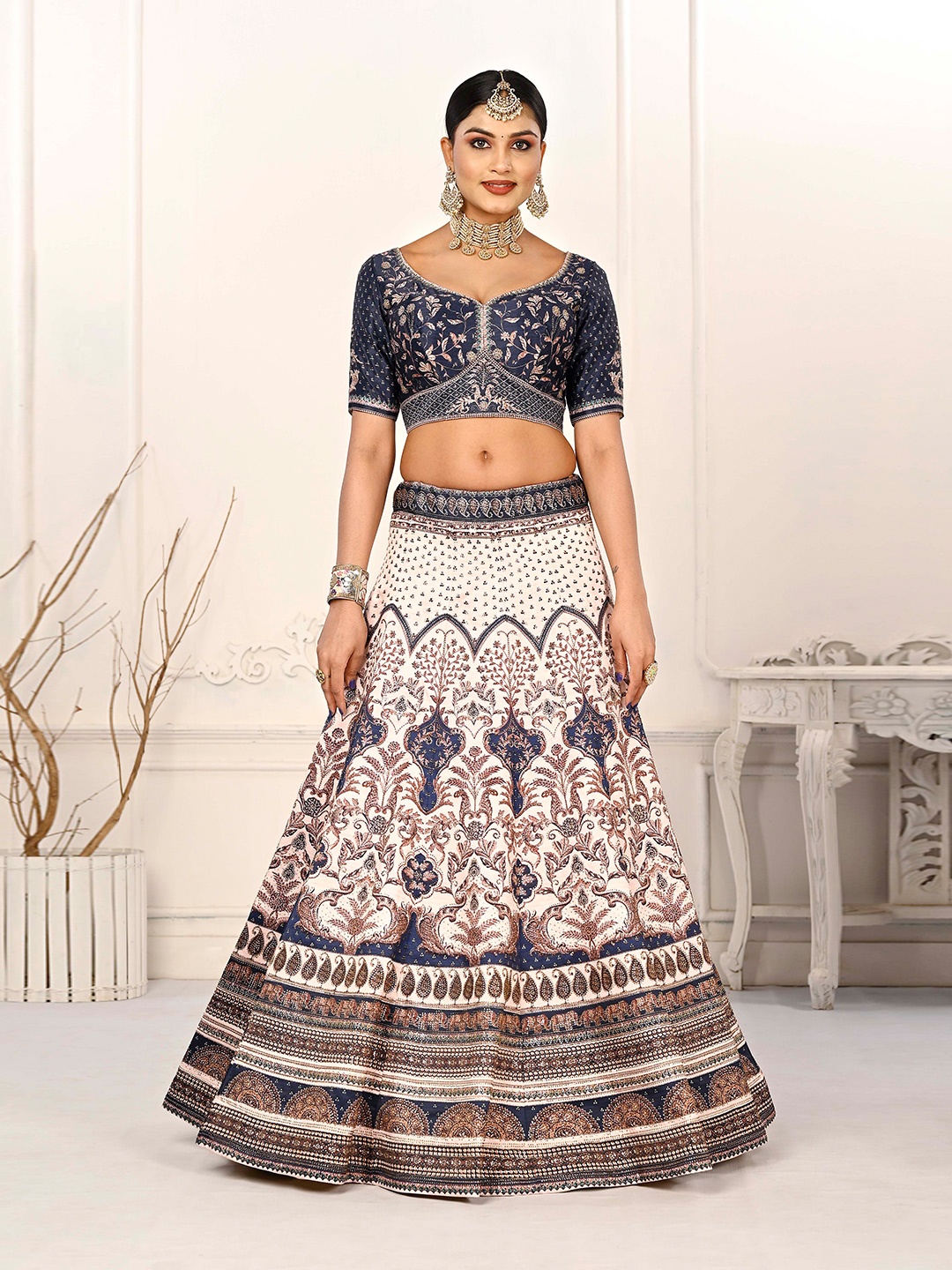 

SAPTRANGI Ethnic Motifs Printed Semi-Stitched Lehenga & Unstitched Blouse With Dupatta, Blue