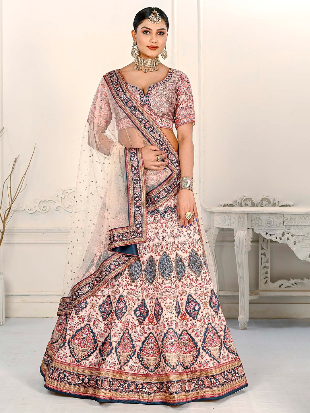 

SAPTRANGI Ethnic Motifs Printed Semi-Stitched Lehenga & Unstitched Blouse With Dupatta, Peach